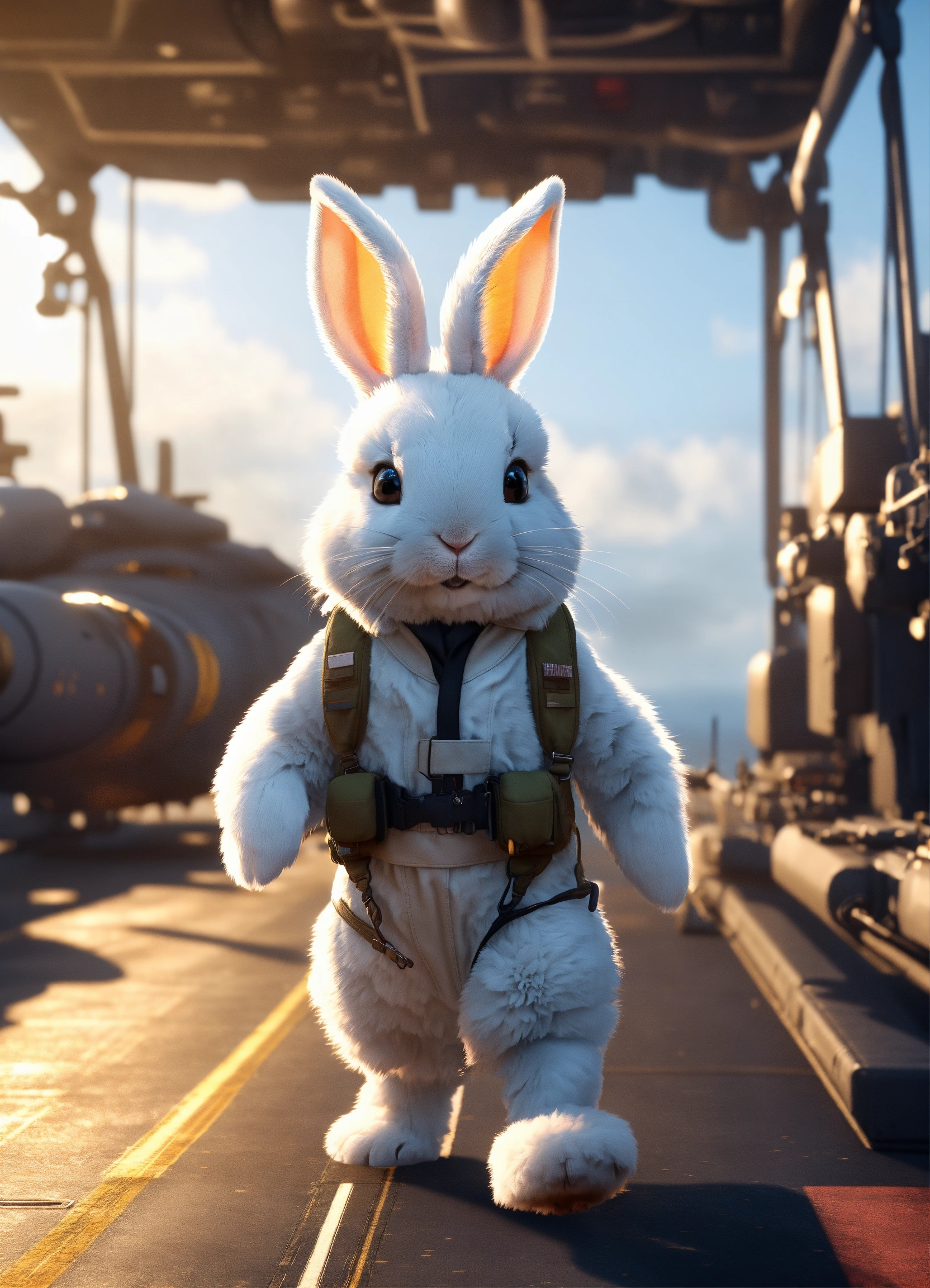 Lexica - A cute fluffy rabbit pilot walking on a military aircraft ...