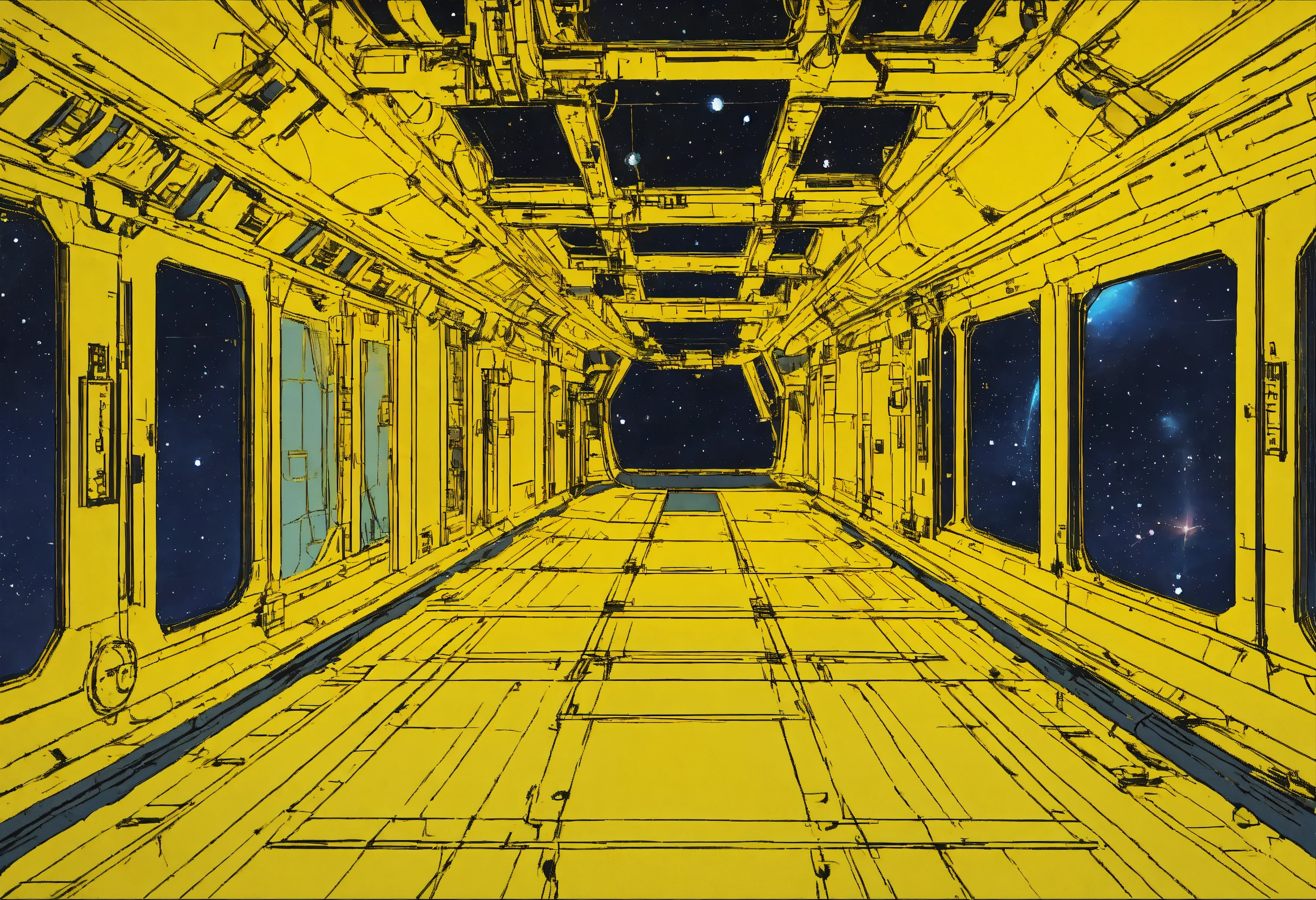 Lexica - Vew of space from a battleship doc of a yellow space station