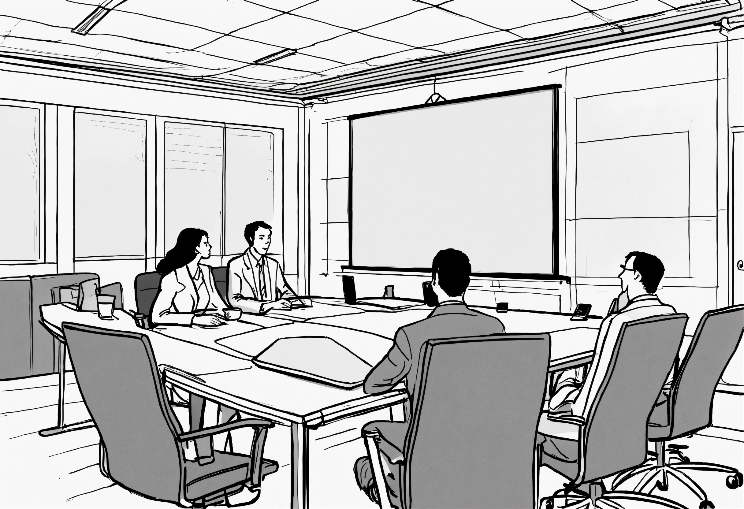 Lexica - Detailed line drawing of a conference room with three people ...