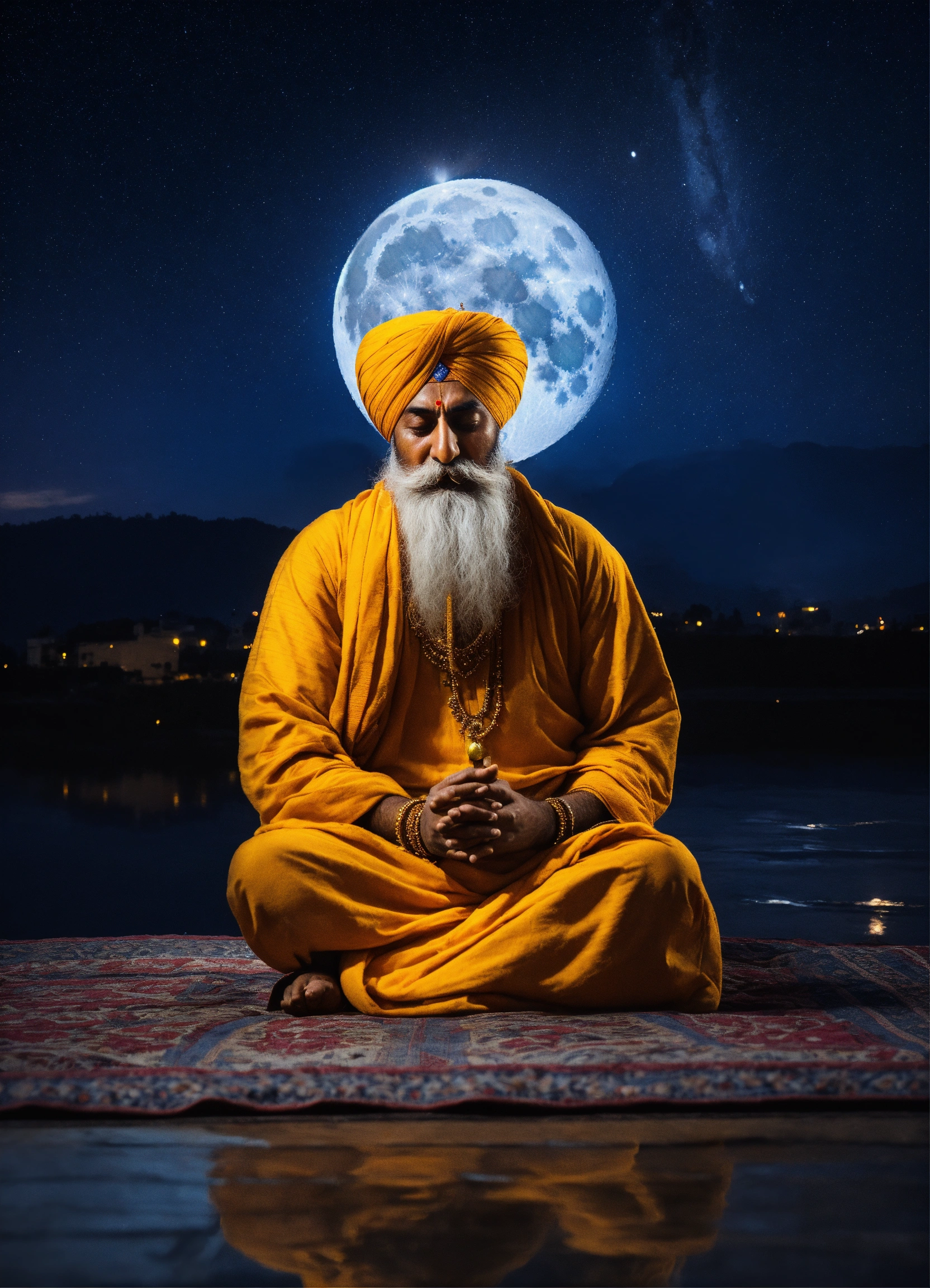 Lexica - Gursikh man chanting waheguru,under sky,in moon light