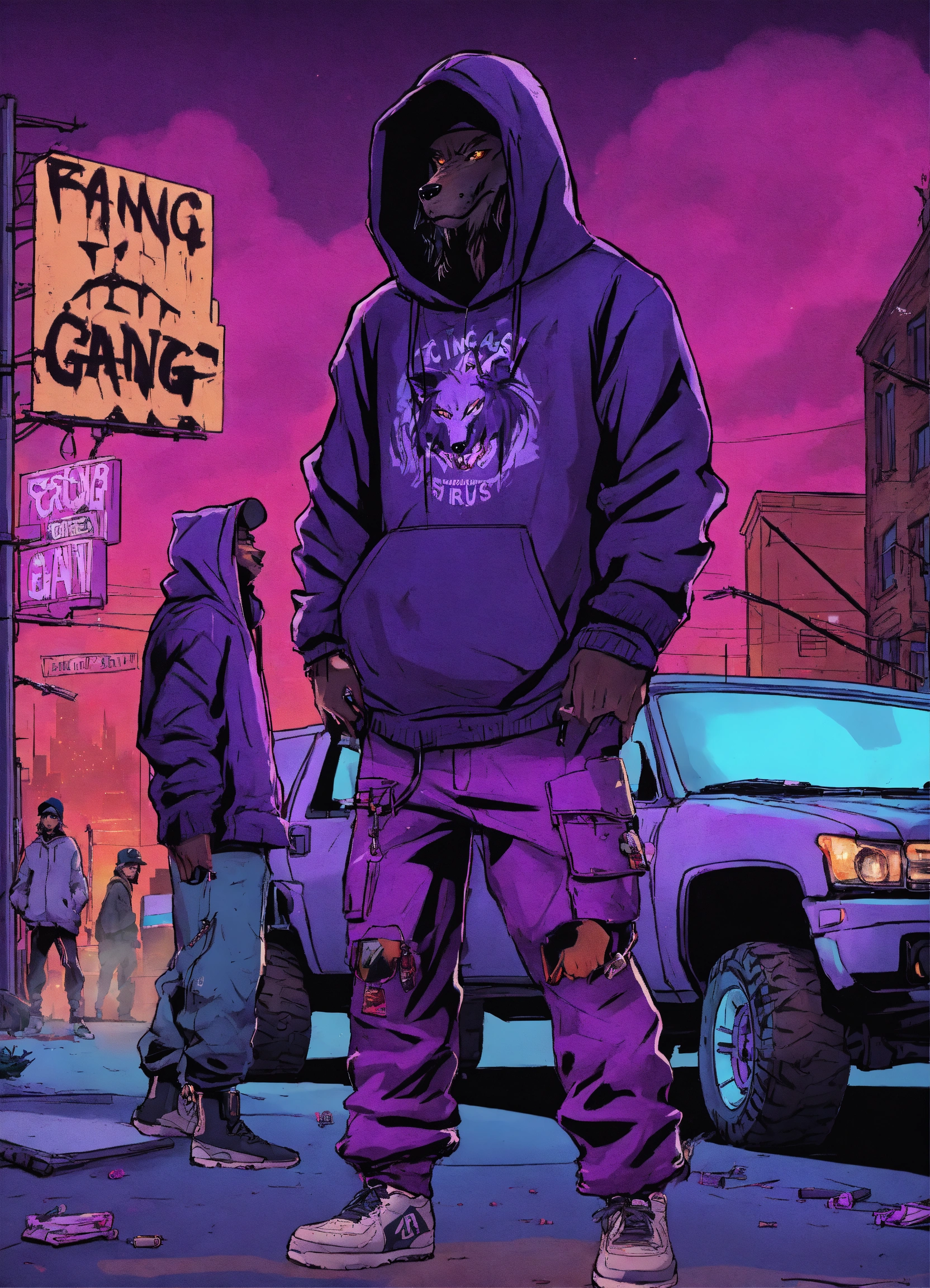 Lexica - Werewolves, in hoodies and baseball caps with the words FANG ...