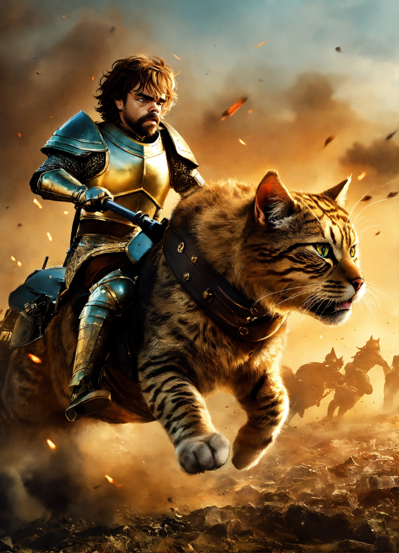 Lexica - A battle cat wearing armor, running across a battlefield ...