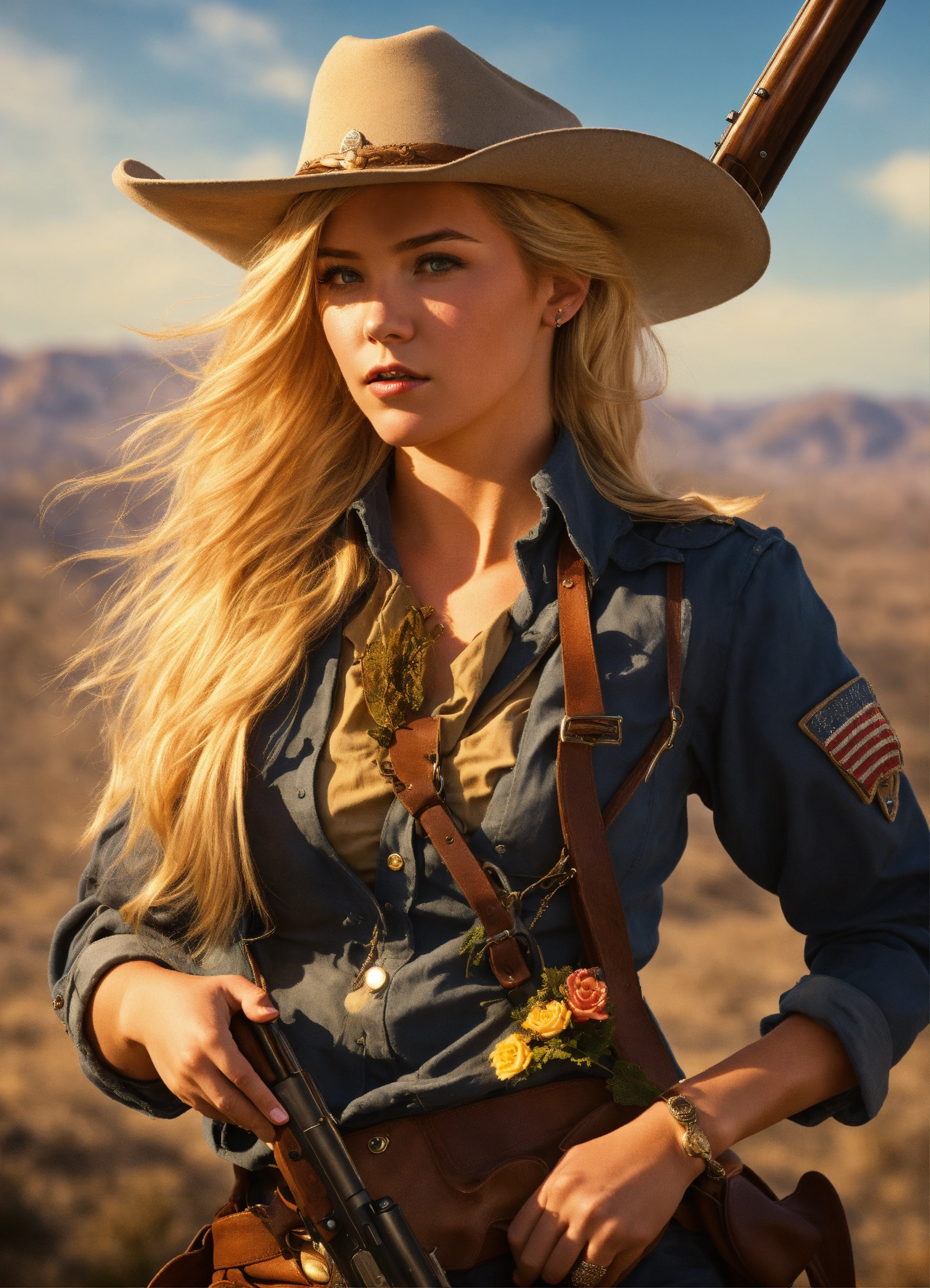 Lexica - Wild west female texas ranger. She is young and carries a rifle.  She is a good witch and has blonde hair.