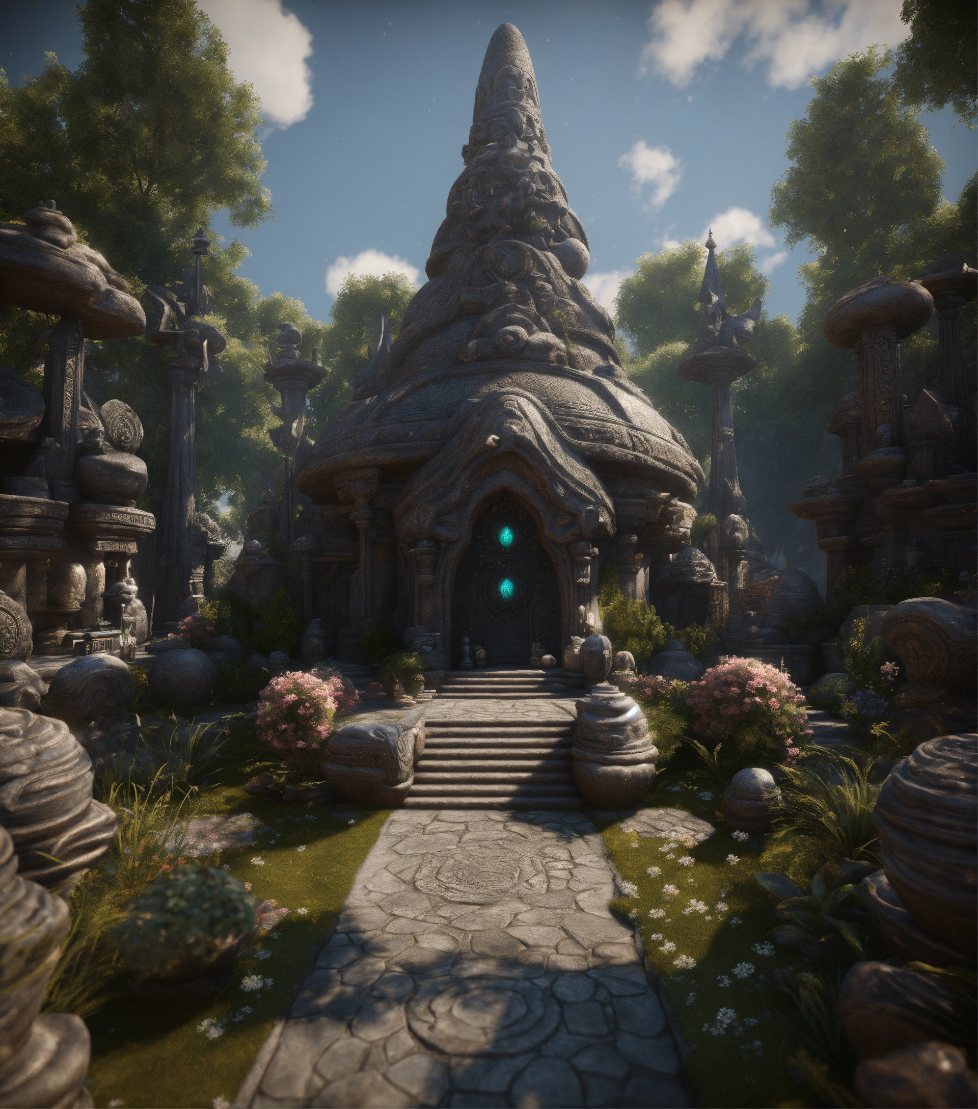 Lexica - A spiritual gnomes stone temple garden.sculptured . Style of alex  grey,giger.unreal engine