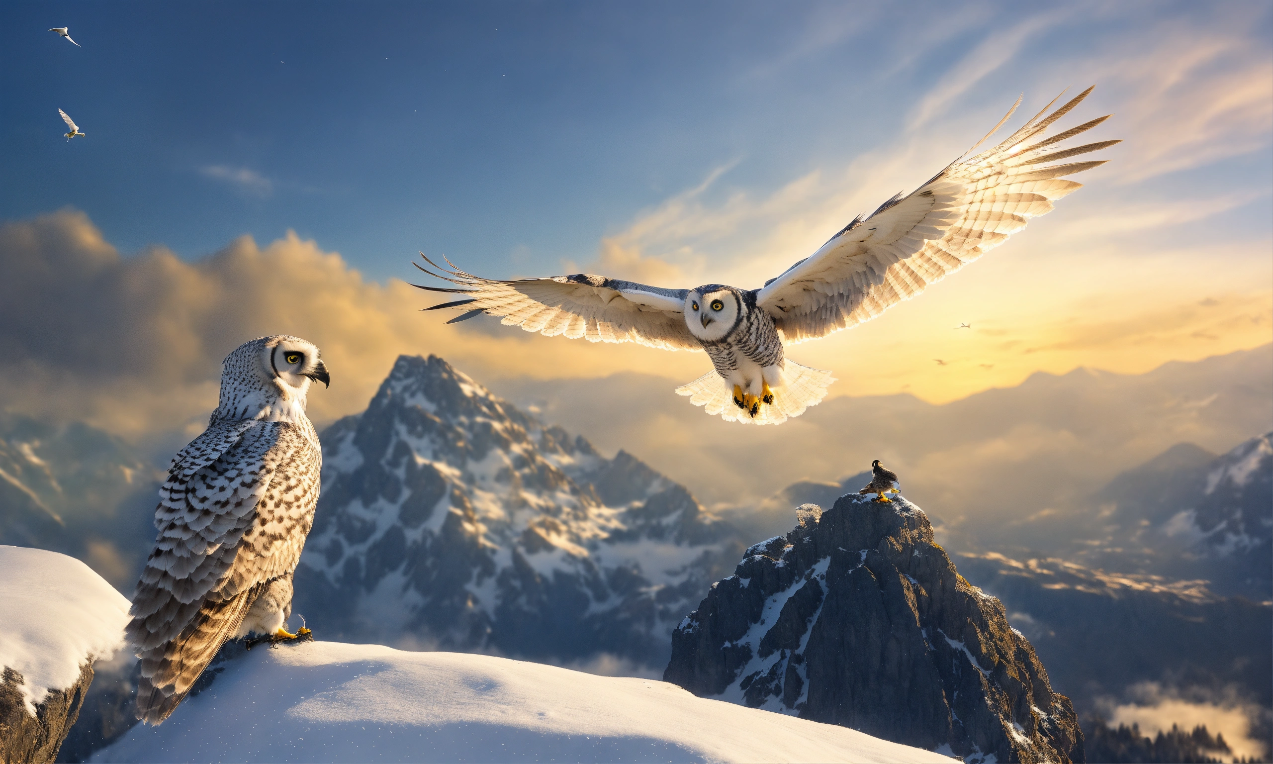 Lexica - Small white eagle flying higher in the sky and one owl is ...