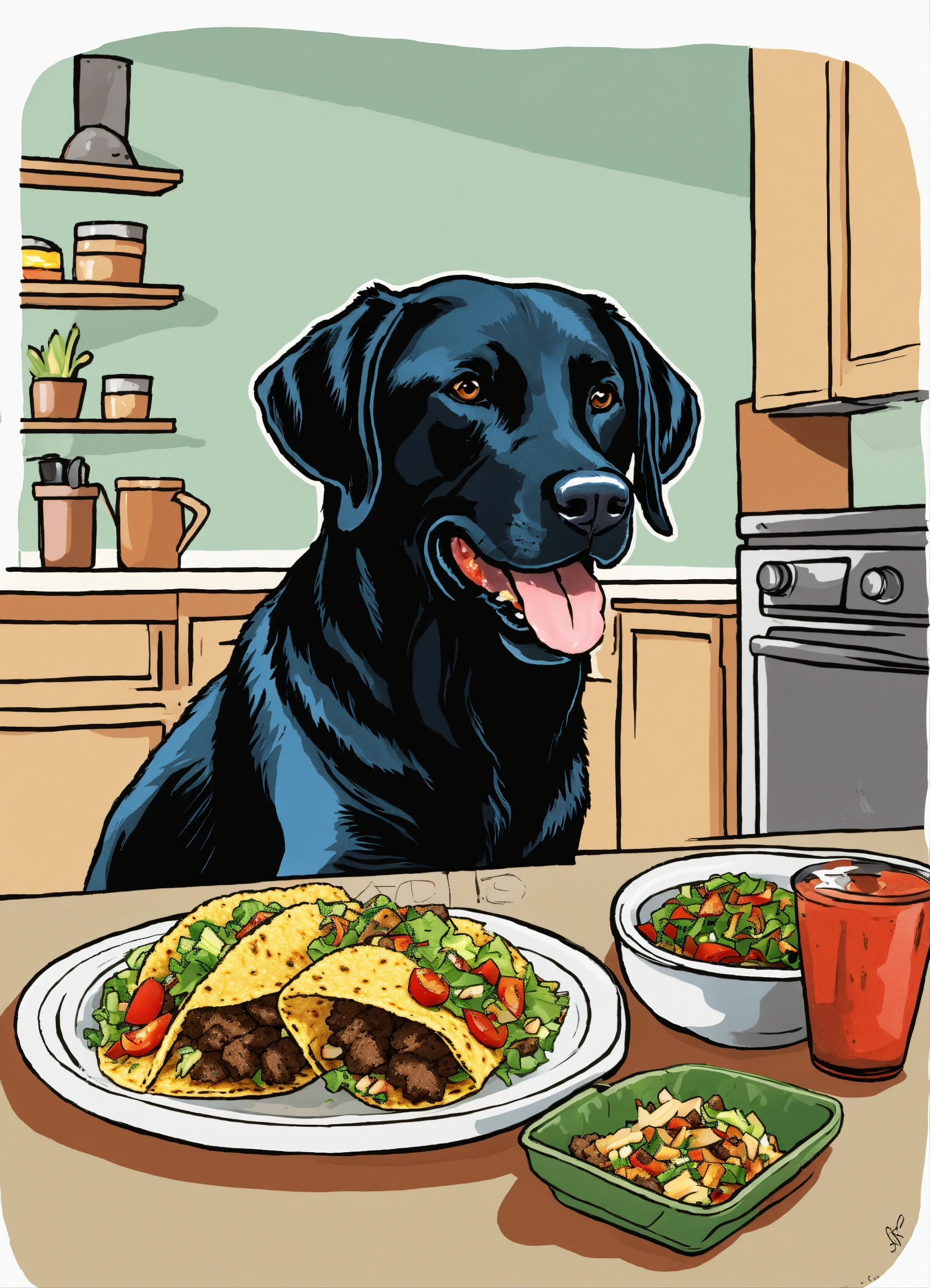 Lexica - Black Labrador Retriever eating tacos, in a home kitchen ...