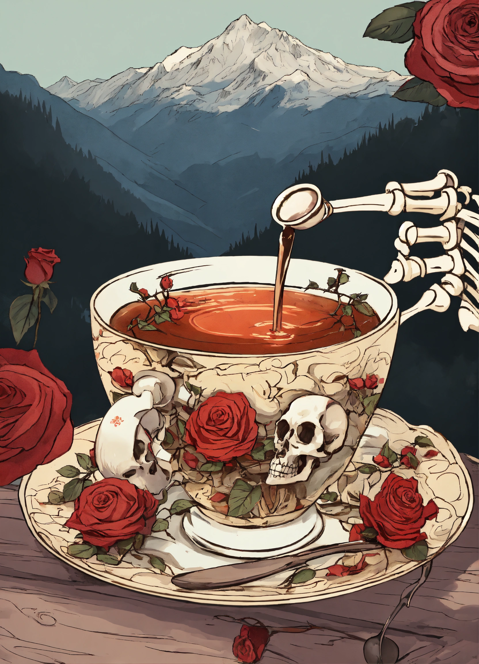 Lexica - Skeleton hand holding a vintage tea cup, hot tea pouring from ...