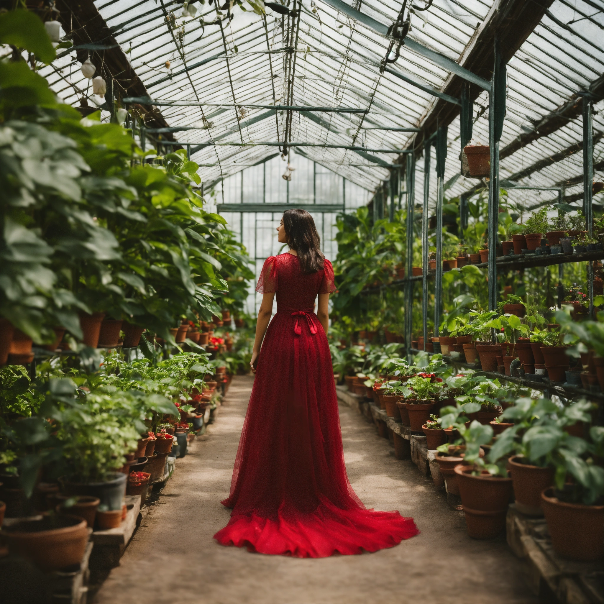 Lexica - A woman wearing a red dress in a greenhouse