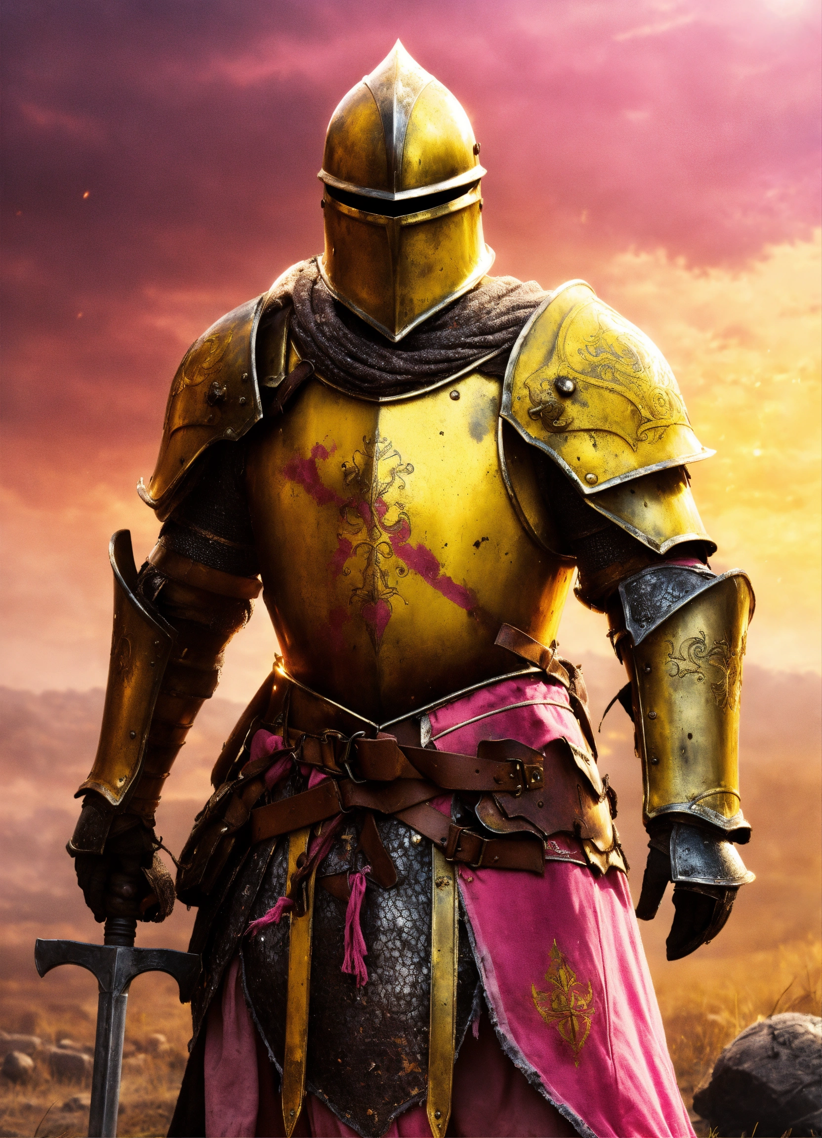Lexica - A good paladin knight in yellow and pink, damaged armour ...
