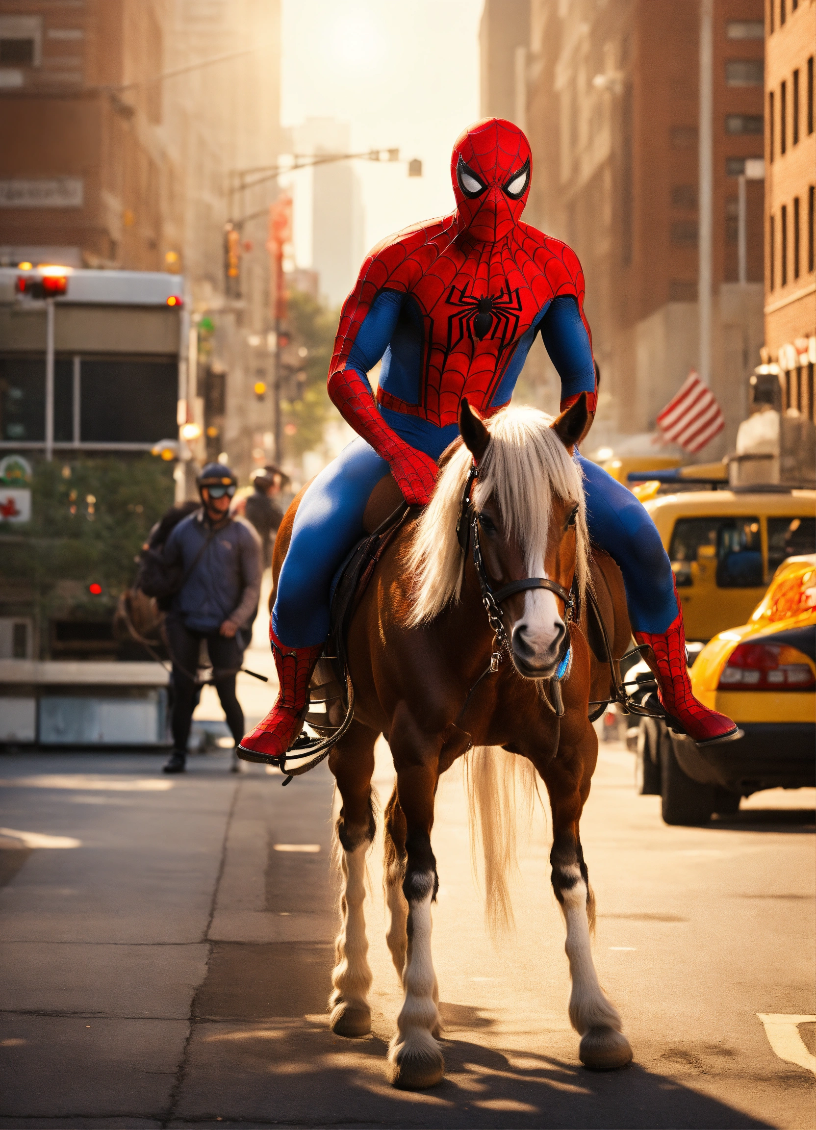 Lexica - Spider man riding a pony to work. downtown. realistic. funny.