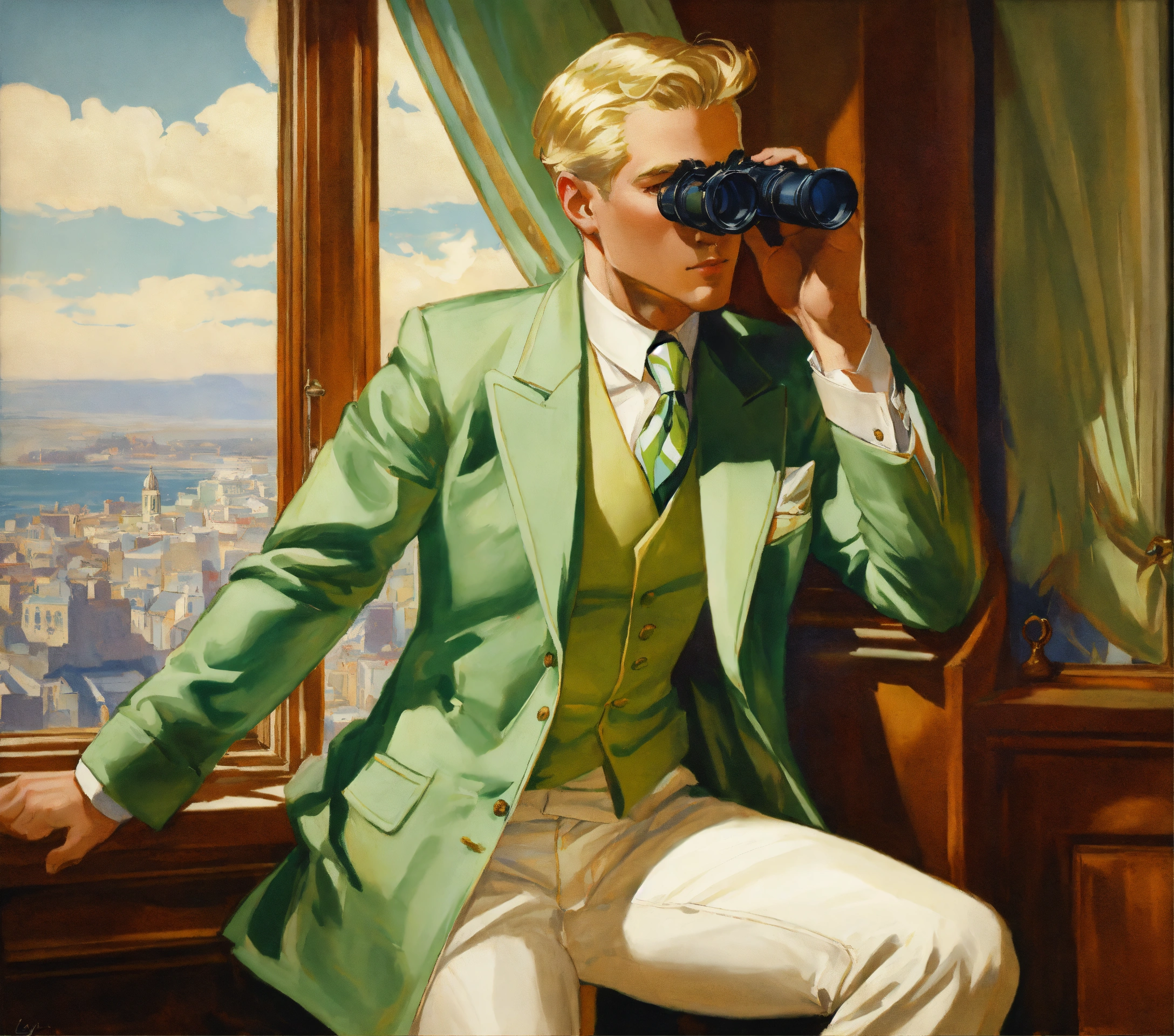 Lexica - A blonde gentleman in pale green jacket, white pants, club tie ...