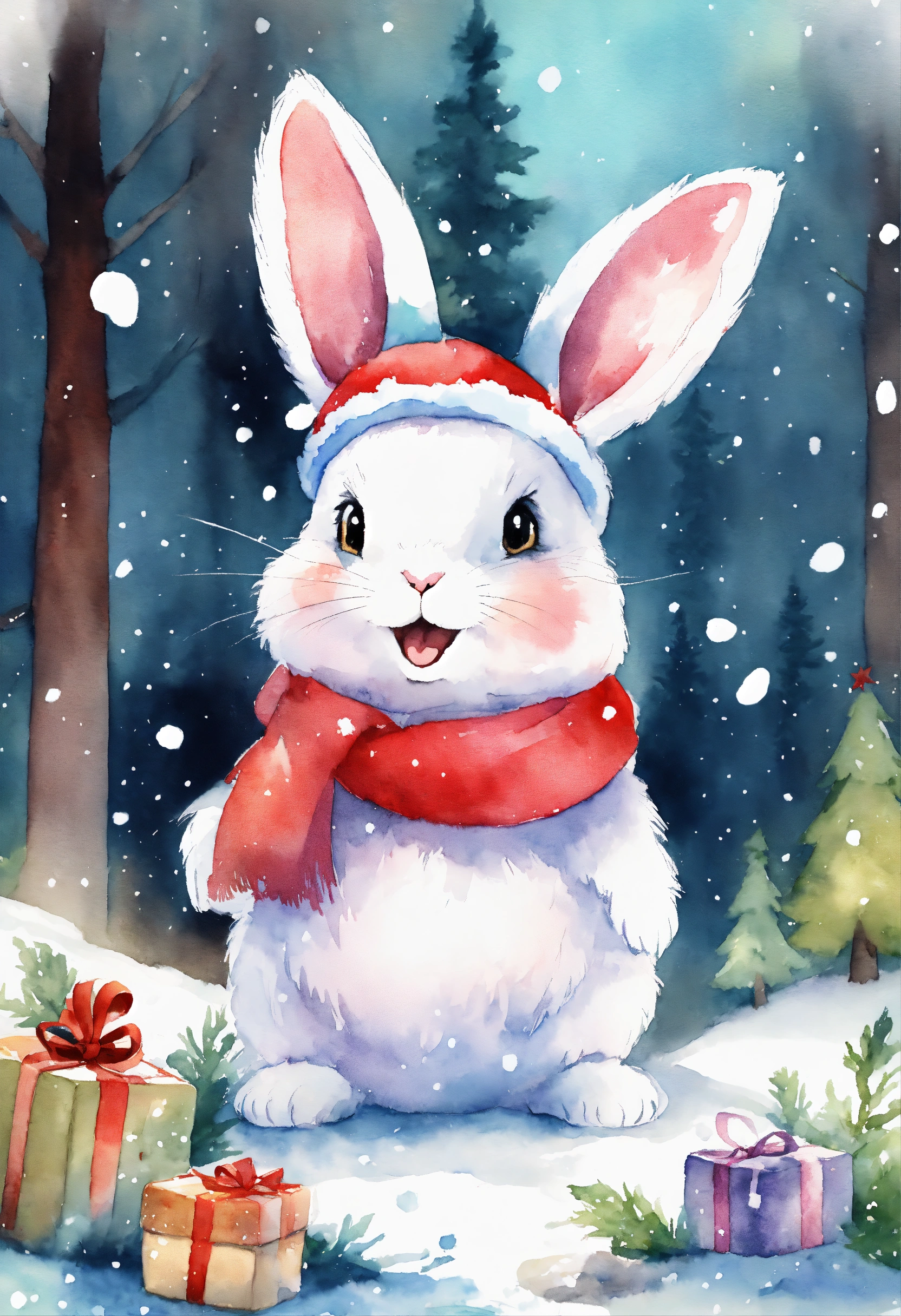 Lexica - A cute happy rabbit in forest with Christmas hat , presents ...