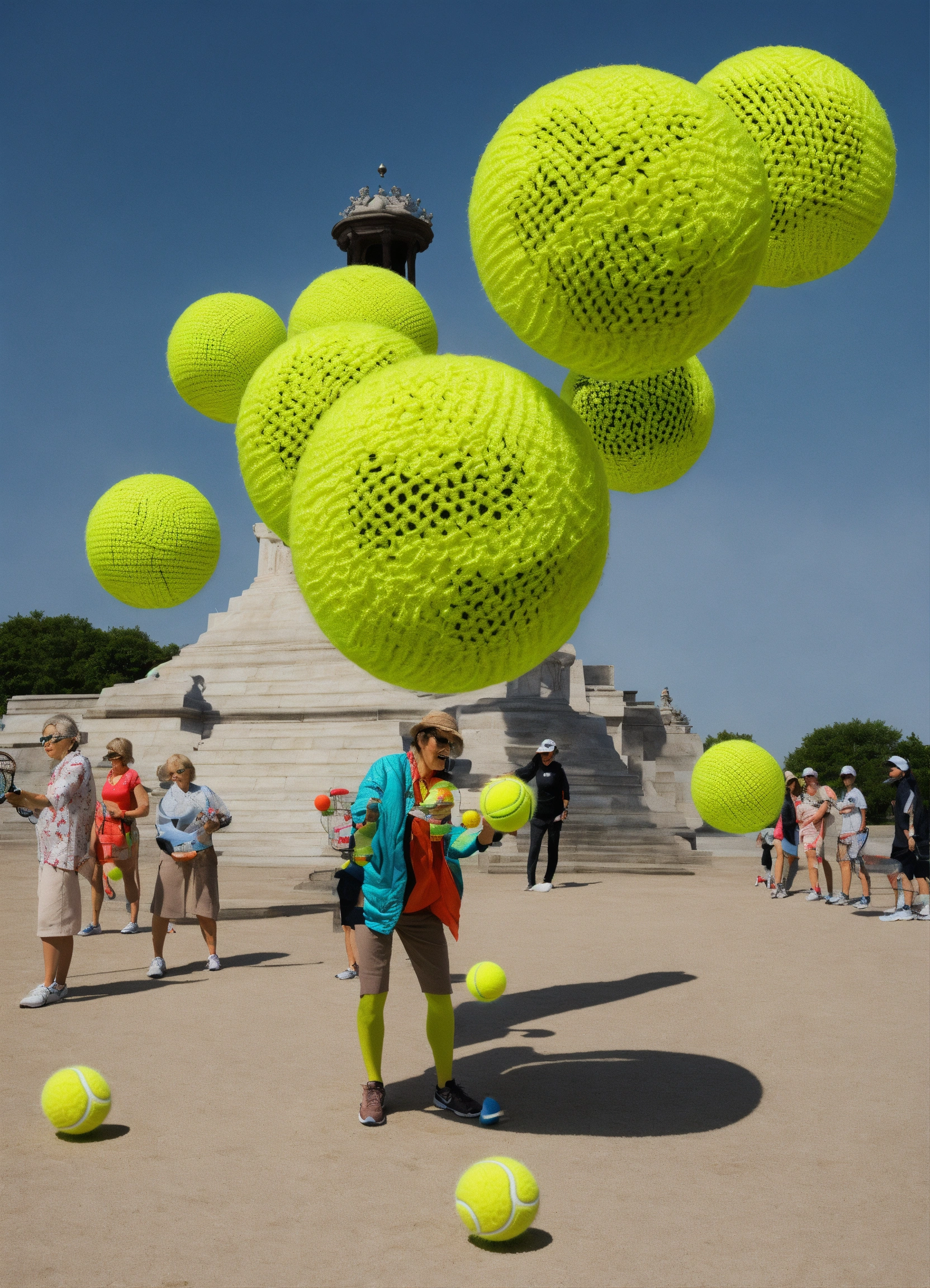 Lexica Comics, juggle with tennis balls, textile art, monuments
