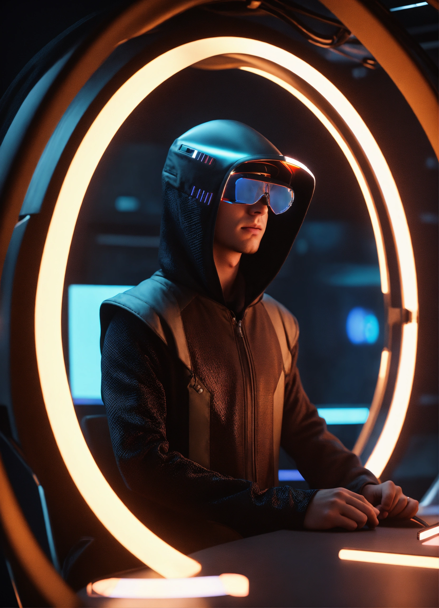 Lexica - Nerdy 25 year old male hacker wearing futuristic black ...