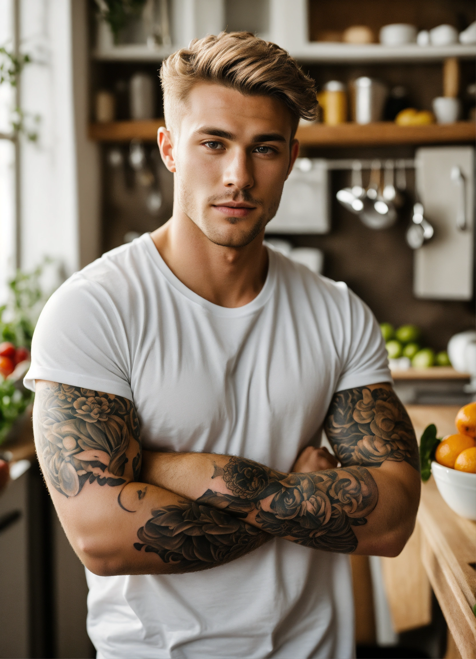 Lexica - Handsome man with dark blond hair and grey eyes light skin in a  white T-shirt, a bright full-arm tattoo in the kitchen