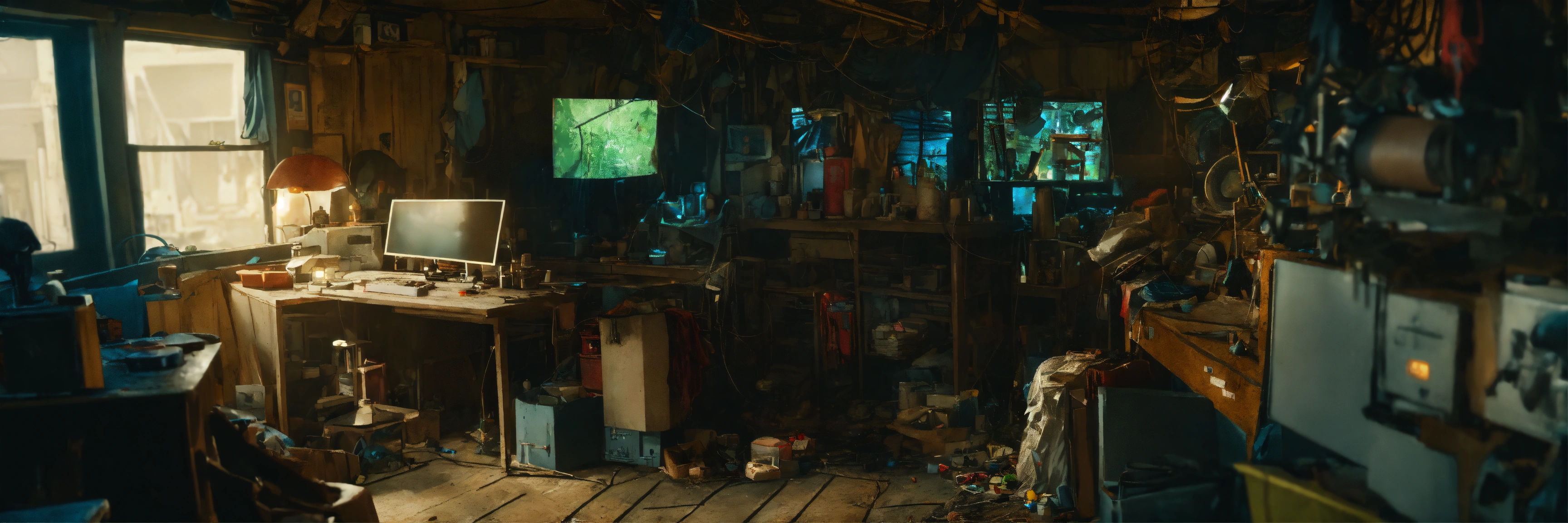 Lexica - Wide angle Environmental shot of evil Cyborg in a cluttered ...