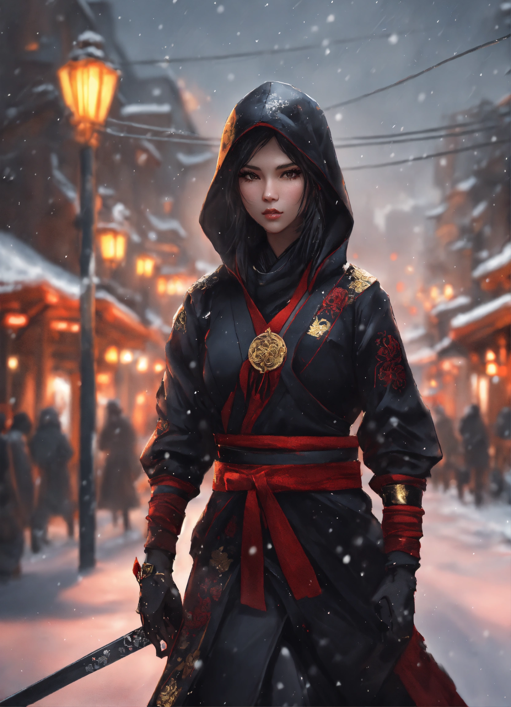 Lexica - 8k wallpaper of a mysterious beautiful kunoichi ninja wearing black,  red, and gold jewelry in the streets of a dark snowy town in russia, by...