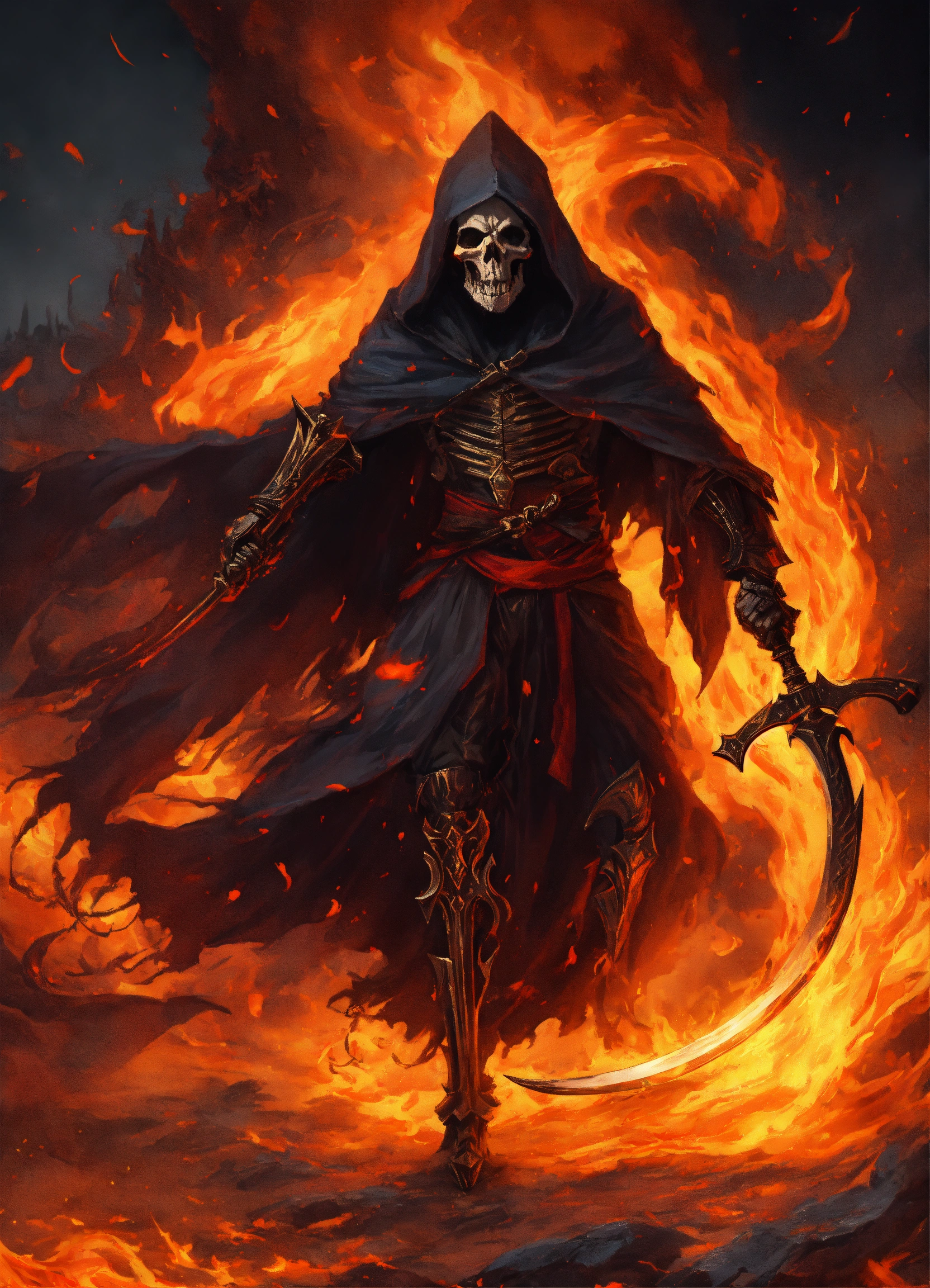 Lexica - Attacking grim reaper with flaming scythe, tattered flowing ...