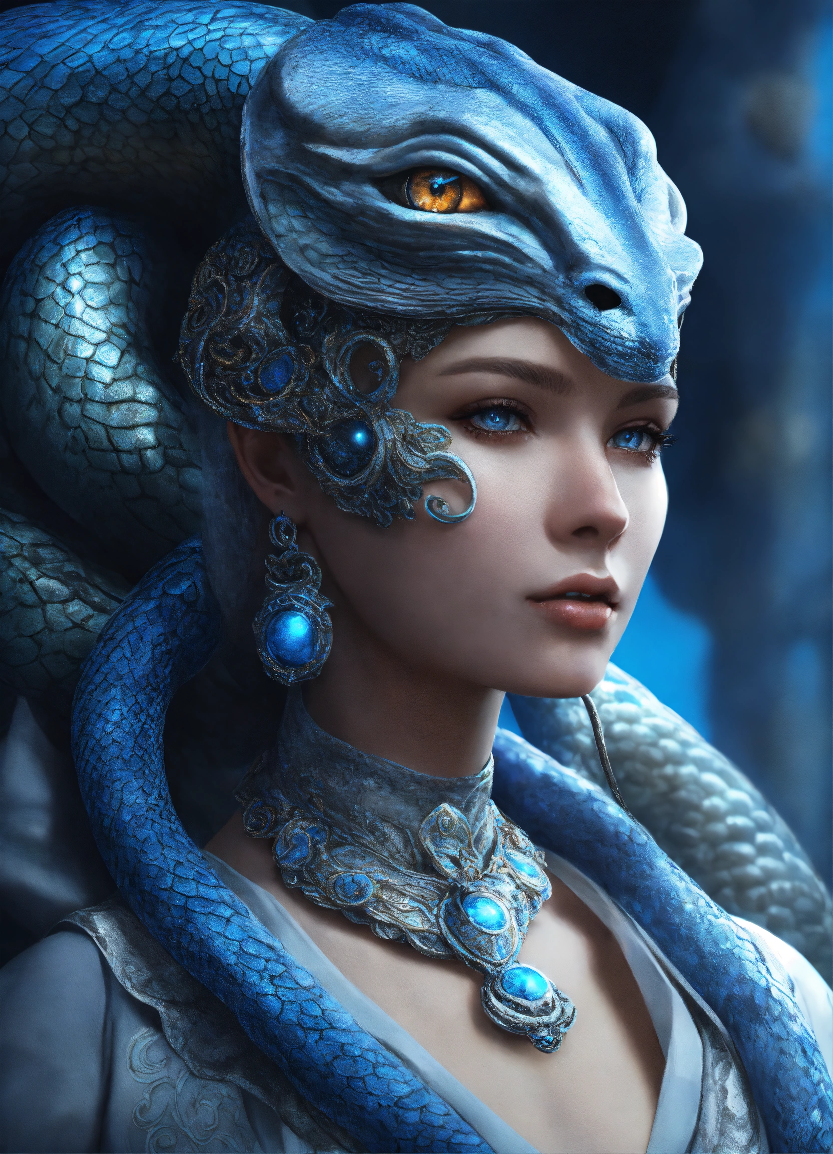 Lexica - A giant serpent in blue and silver, dazzling eyes and a third ...