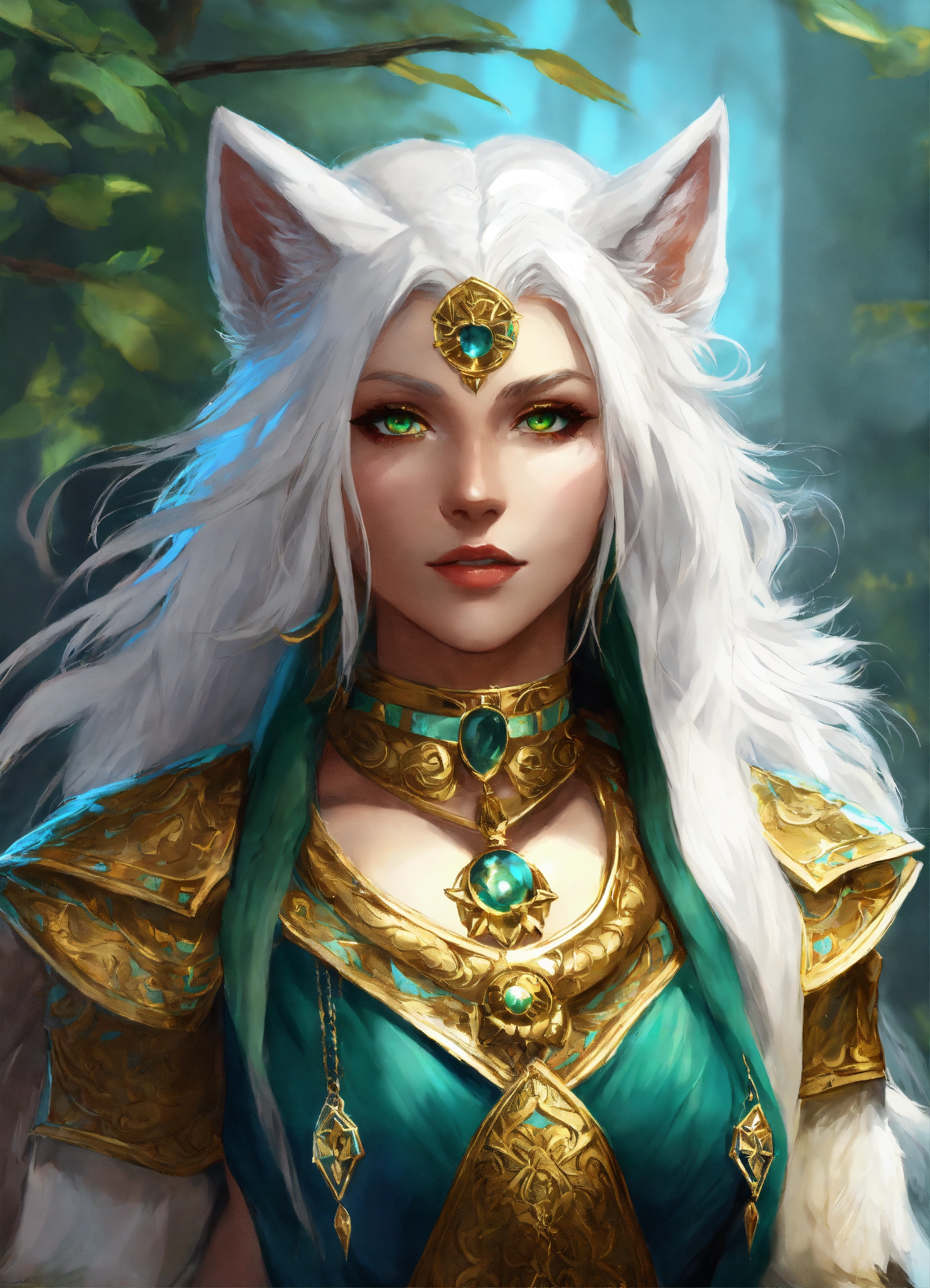 Lexica - Aasimar, female, Druid, gold eyes, white hair, blue-green skin ...