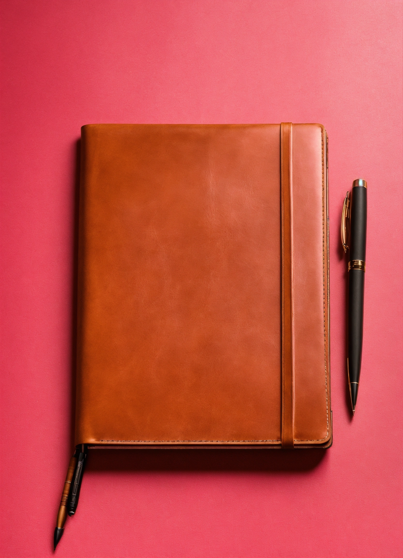 Lexica - Leather notebook with pen lying on a white table, top view ...