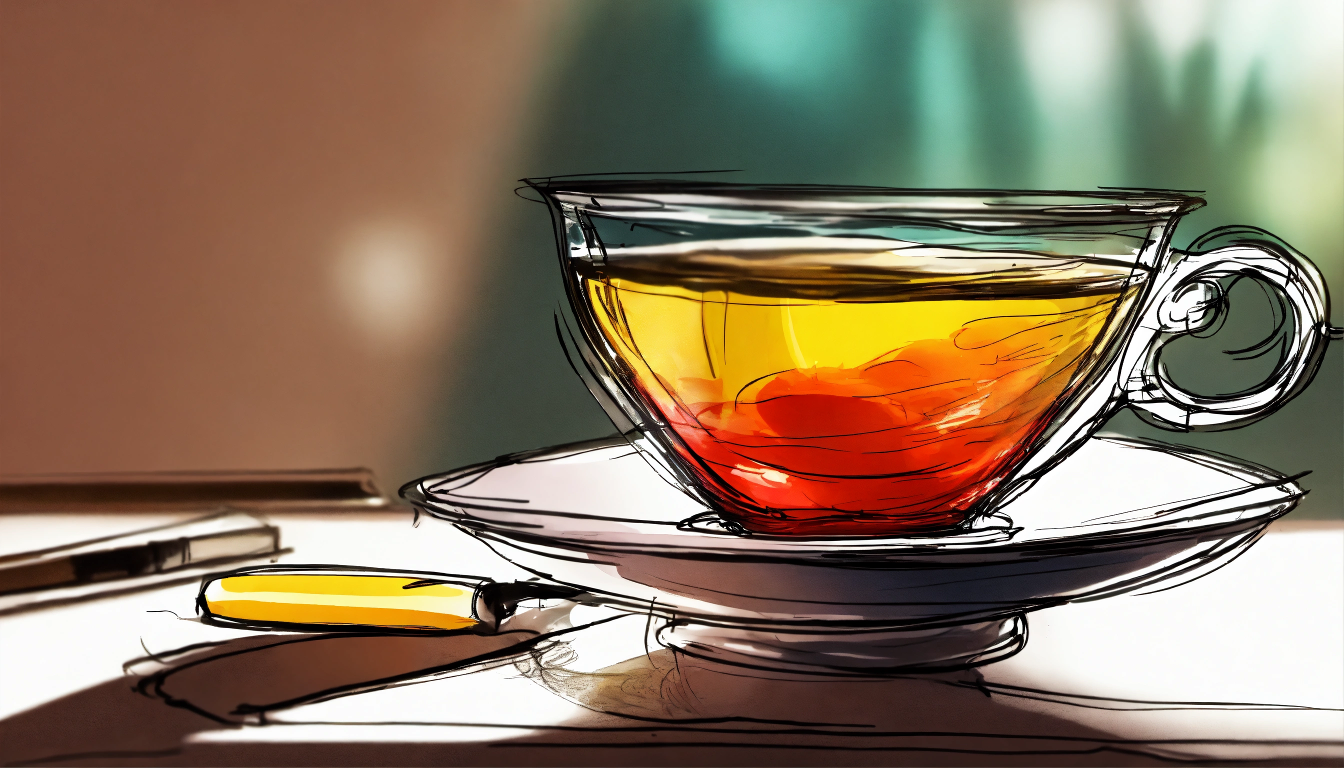 Lexica - Sketch style of a fancy tea cup on a plain table, dramatic ...