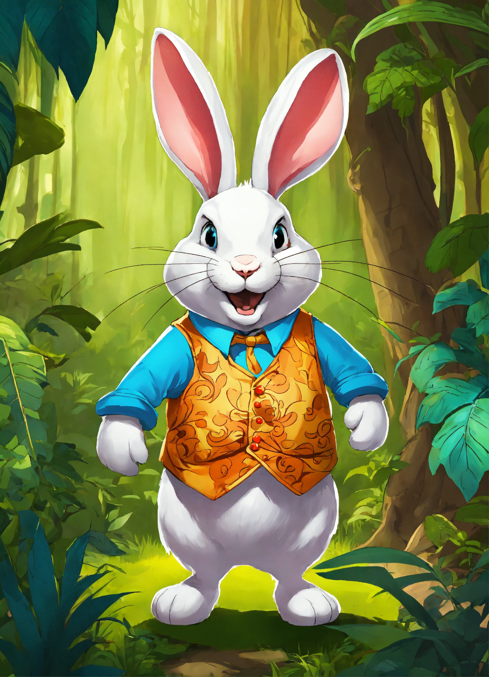 Lexica - Let cartoon big white rabbit walking on two legs in jungle