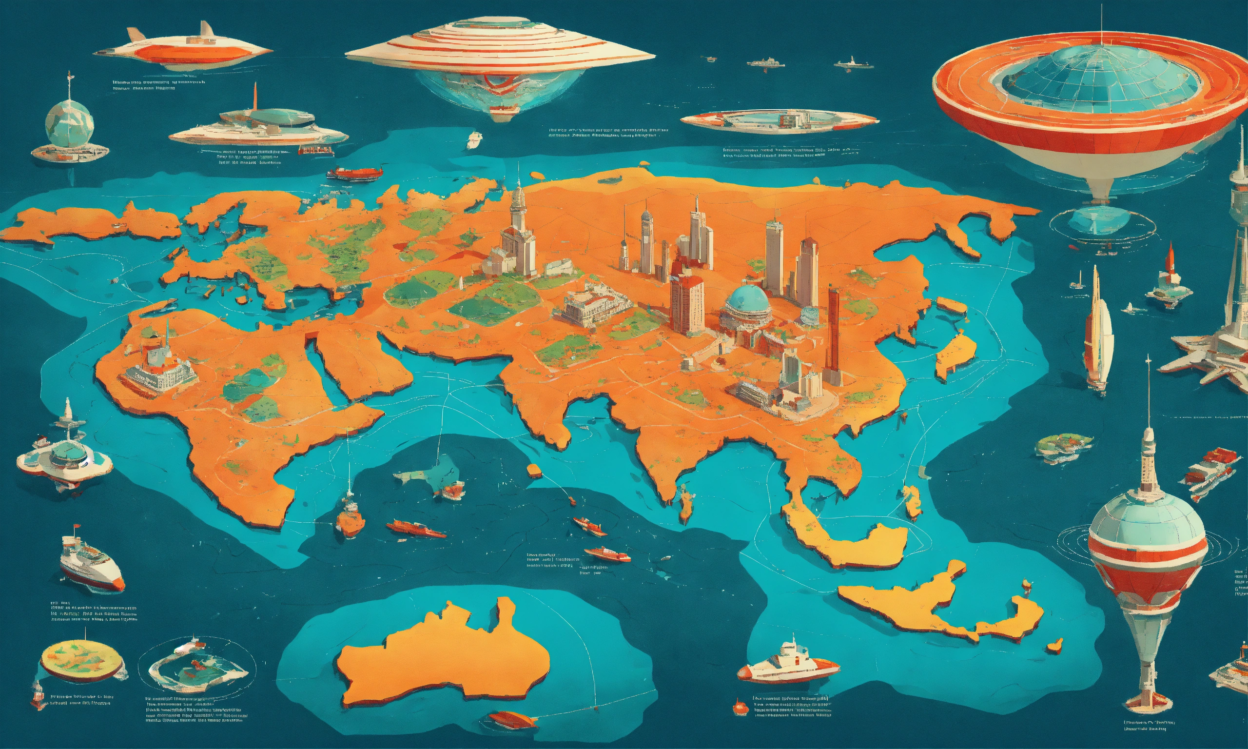 Lexica - World map. Isometric. Retrofuturistic. USSR. Jetsons.