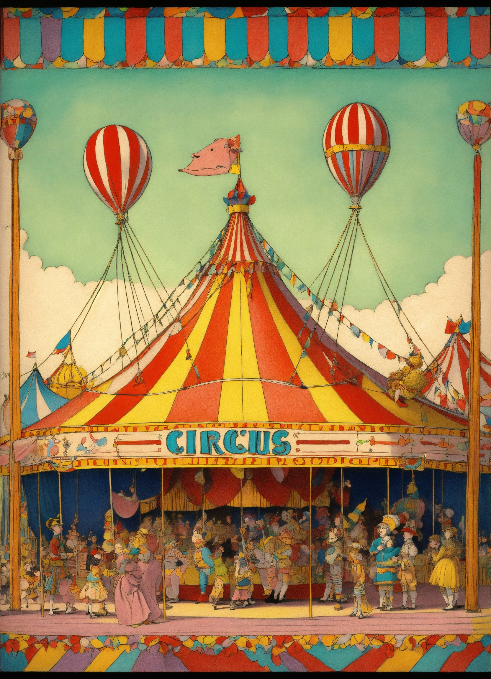 Lexica - Circus. Drawing an external view of a circus in the 50's with ...