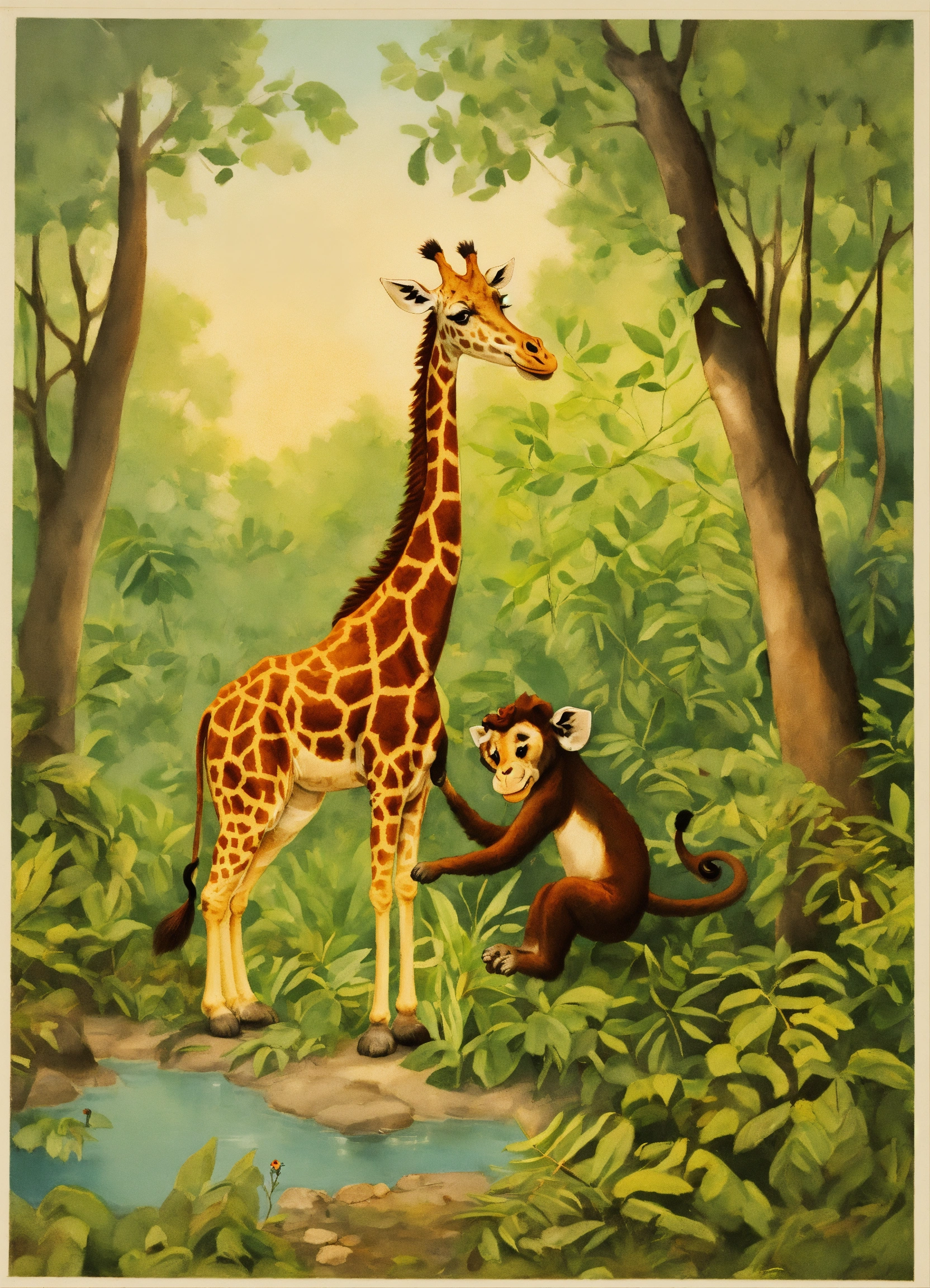 Lexica - Children's images of a giraffe biting a monkey in the forest