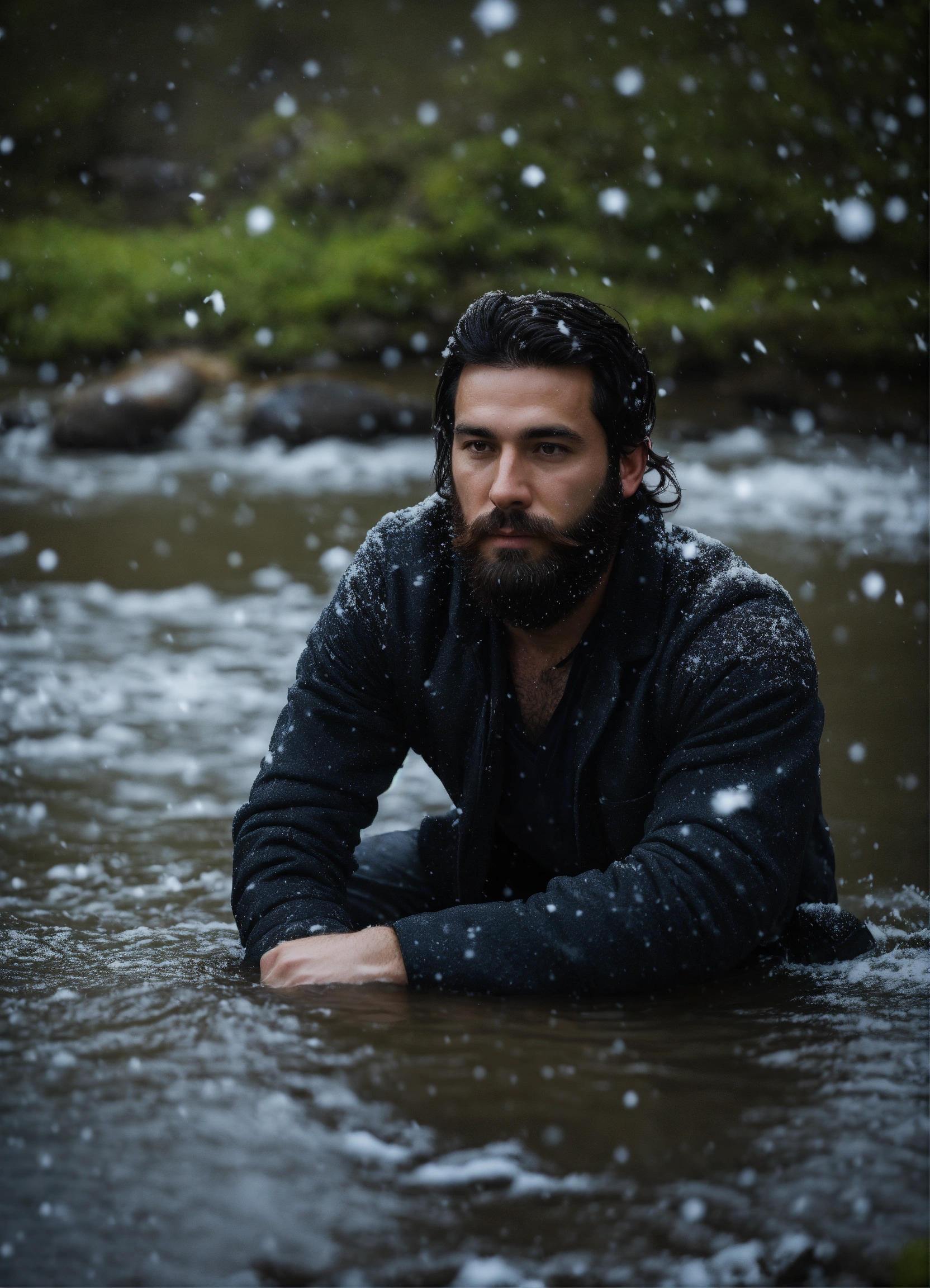 Lexica - Man with dark hair and beard layinh in a river. It is snowing