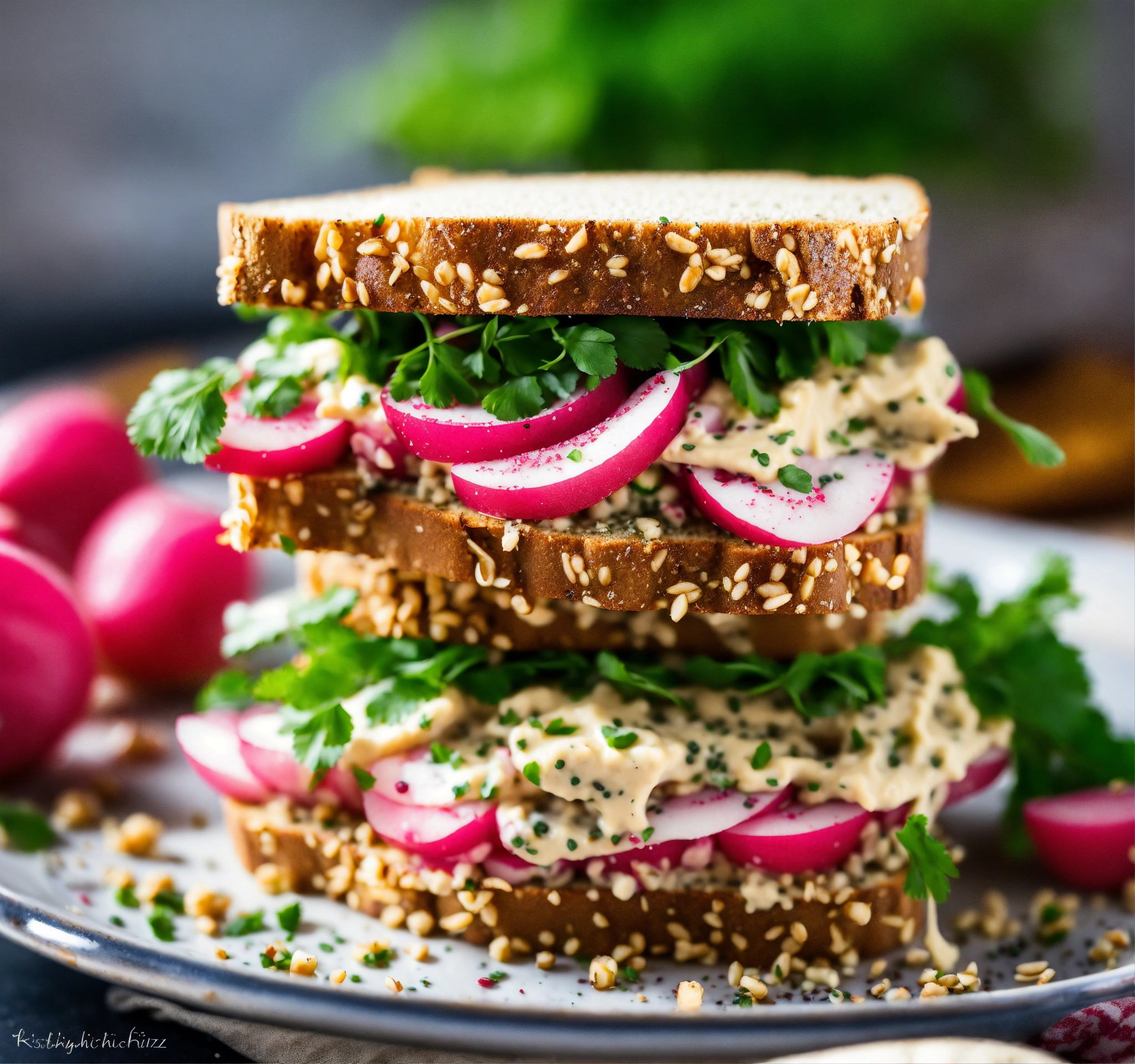 Lexica "Vegan Delight Hummus, Radish, and Chia Seed Sandwich", creamy