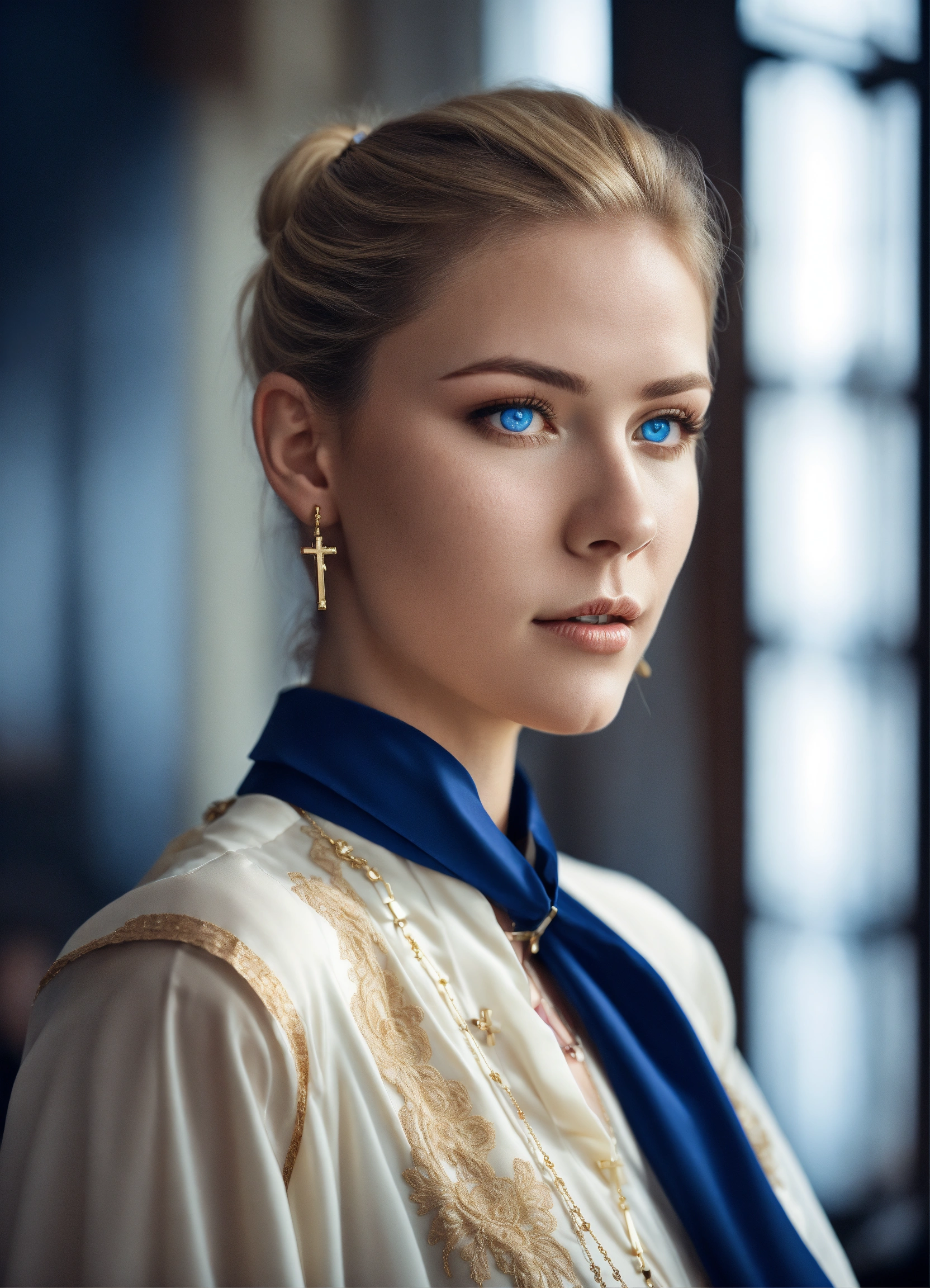 Lexica - A beautiful woman with blue eyes , blond hair in ponytail ...