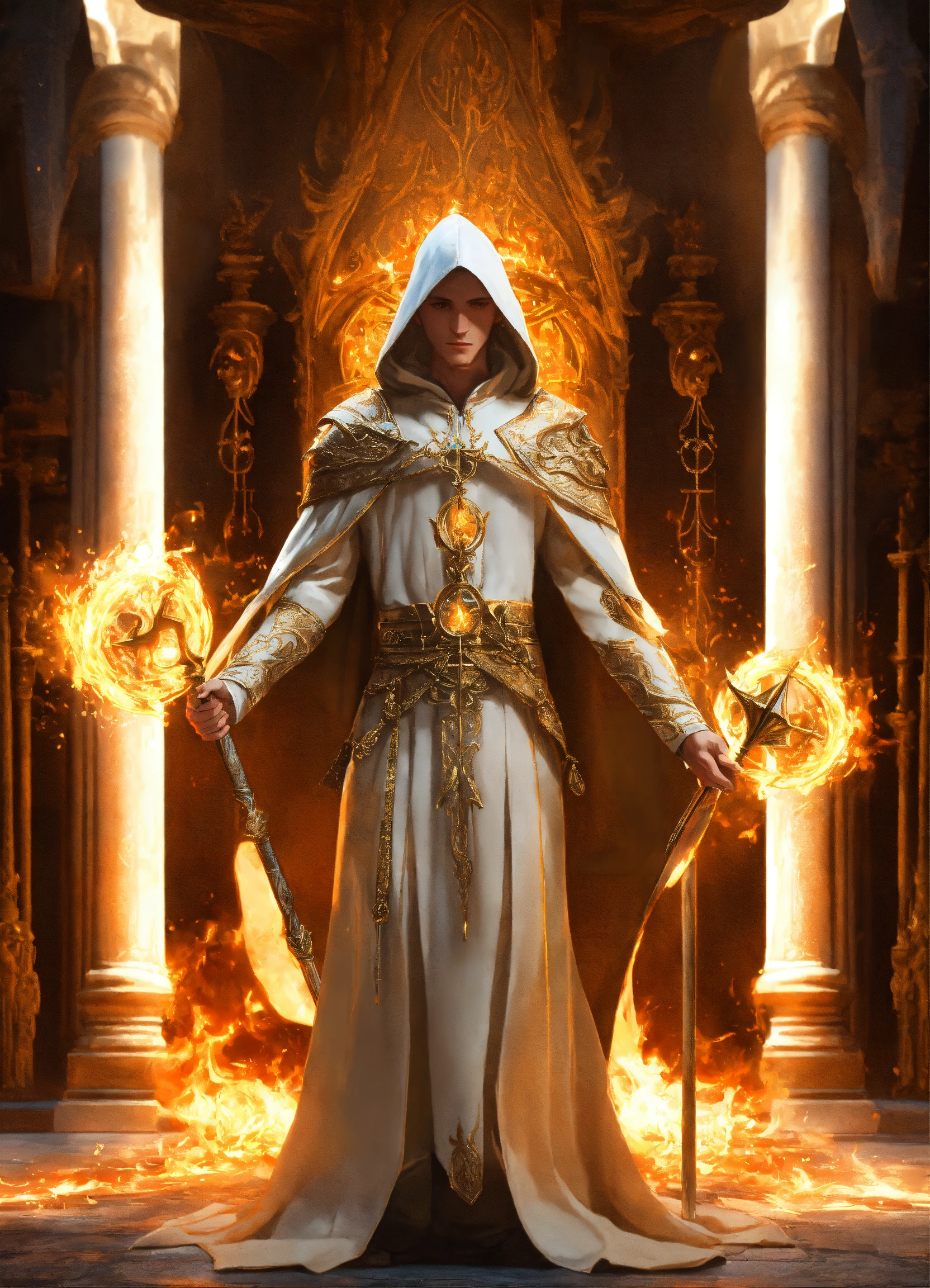 Lexica - Scene from a front view of a white elf wizard wearing a hooded ...