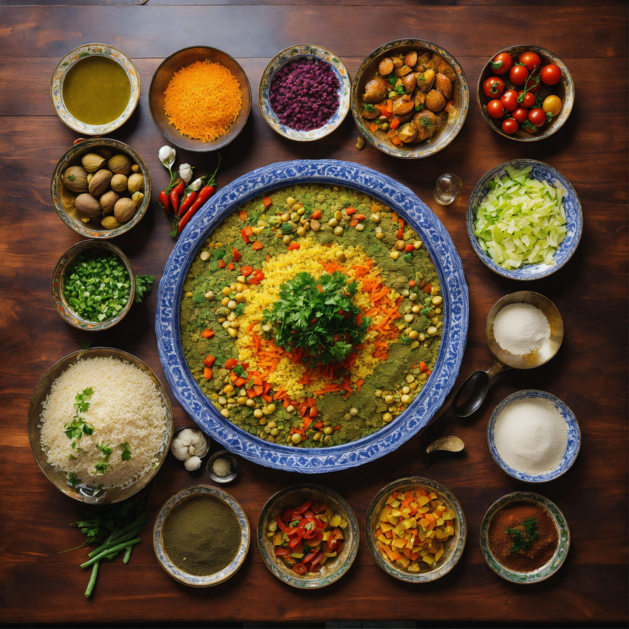 Lexica - Top view of a table with traditional cloth and many cooking ...