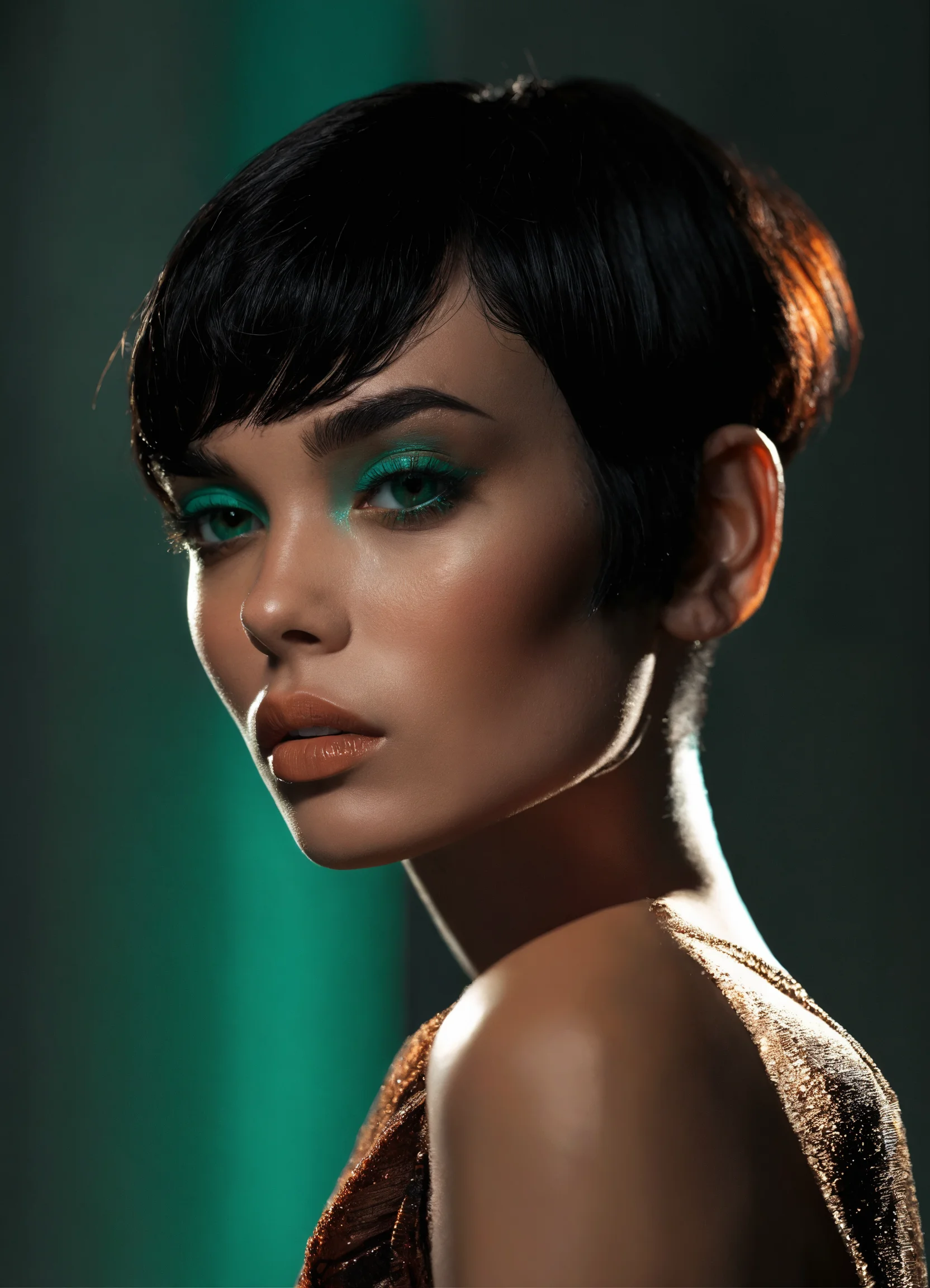 Lexica - The model with short black hair poses on a dark grey ...