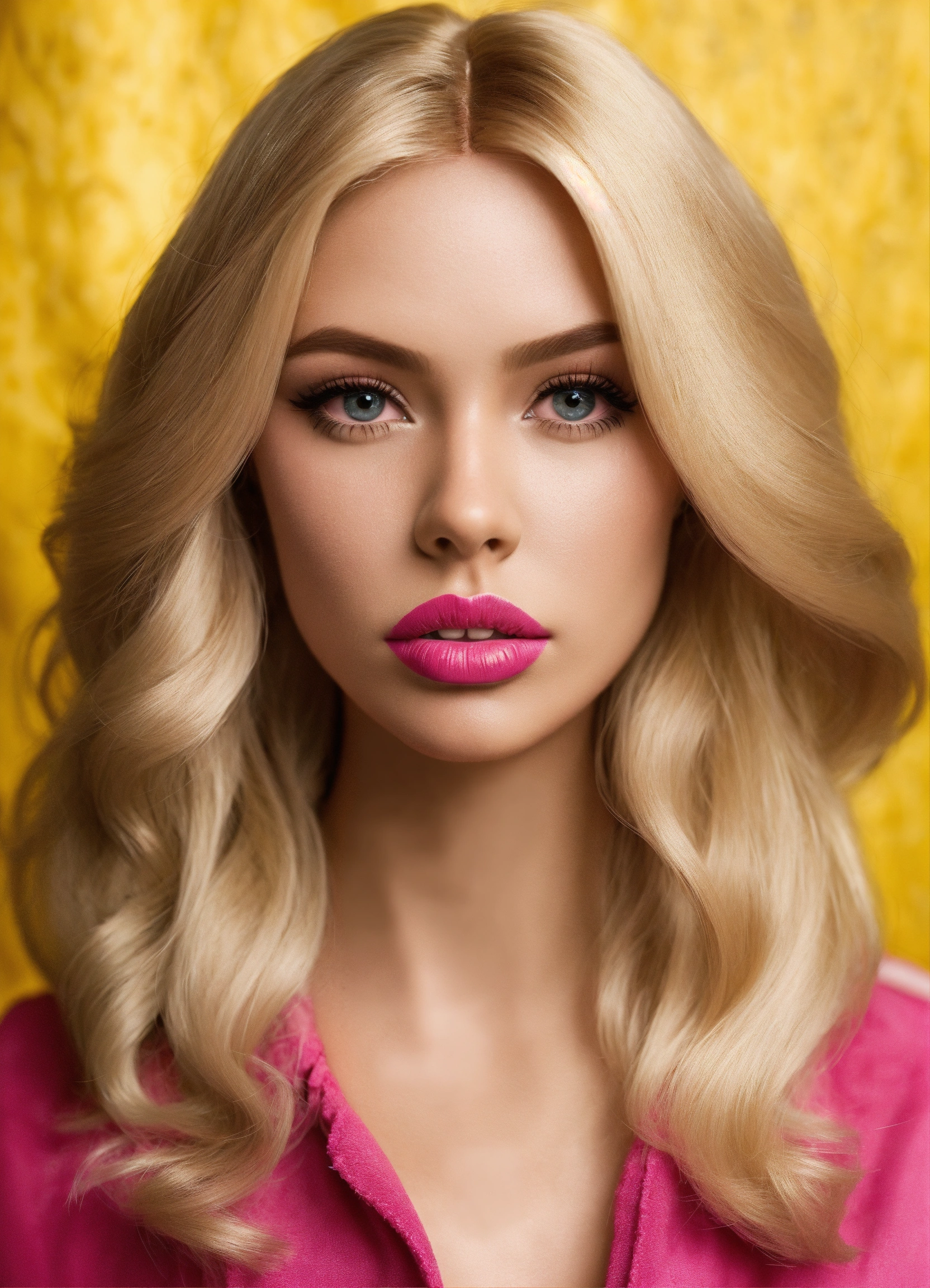 Lexica - Barbie girl fake blond woman big lips face front on symmetrical  photo realistic