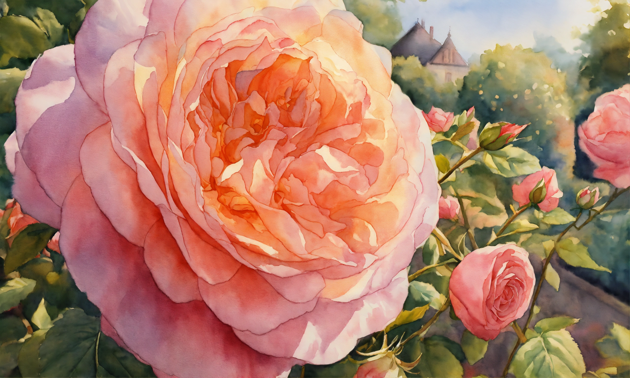 Lexica - Watercolour painting, French rose garden, warm light ...