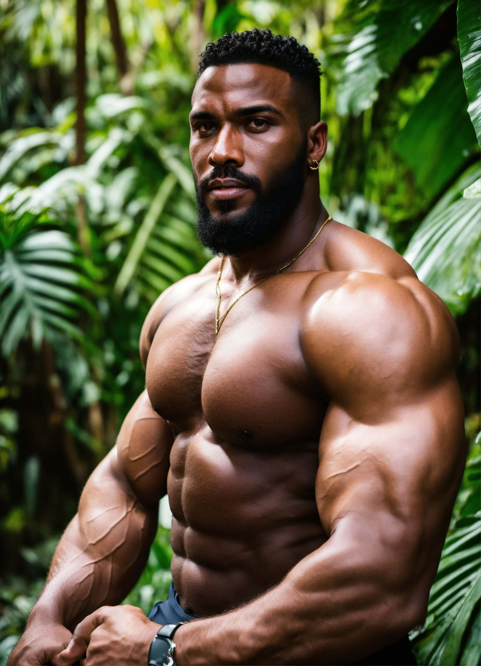 Lexica - 30-year-old man with big muscles, big bodybuilder, sudanese, body  like a wrestler, in a jungle