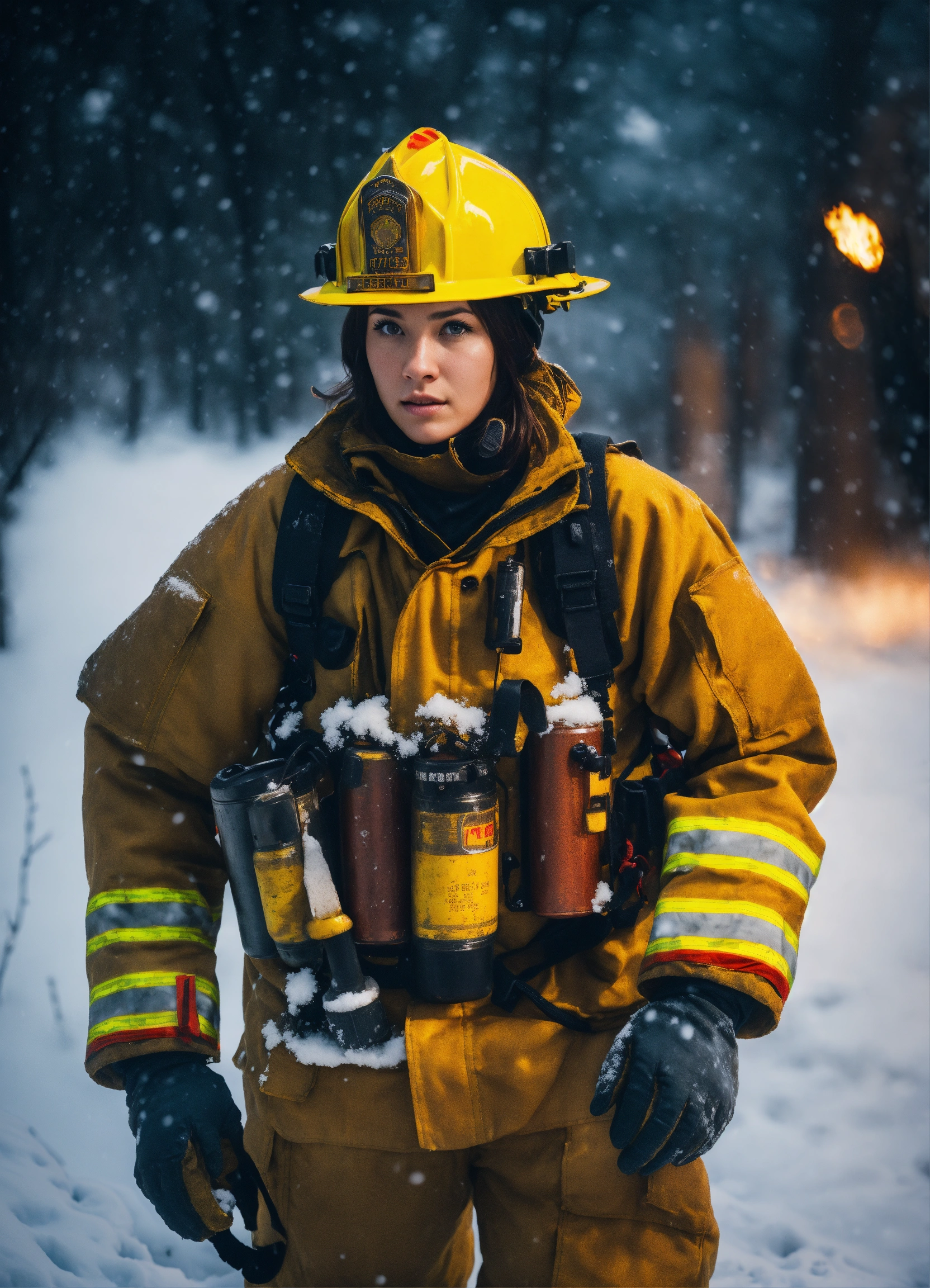 Lexica - A beautiful brunette firefighter, wearing winter camo ...