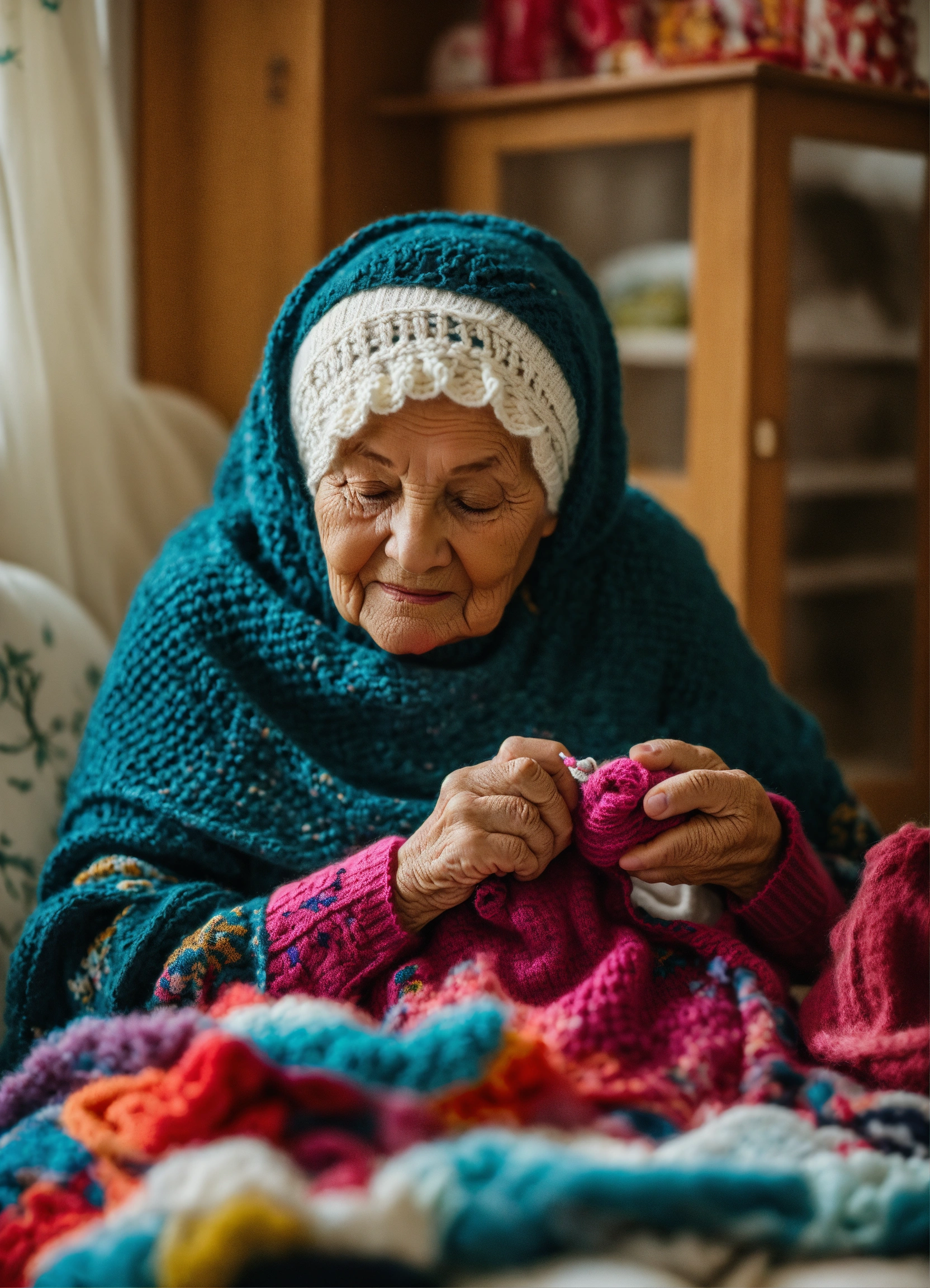 Lexica - A grandmother with a headscarf knits a sweater for a baby