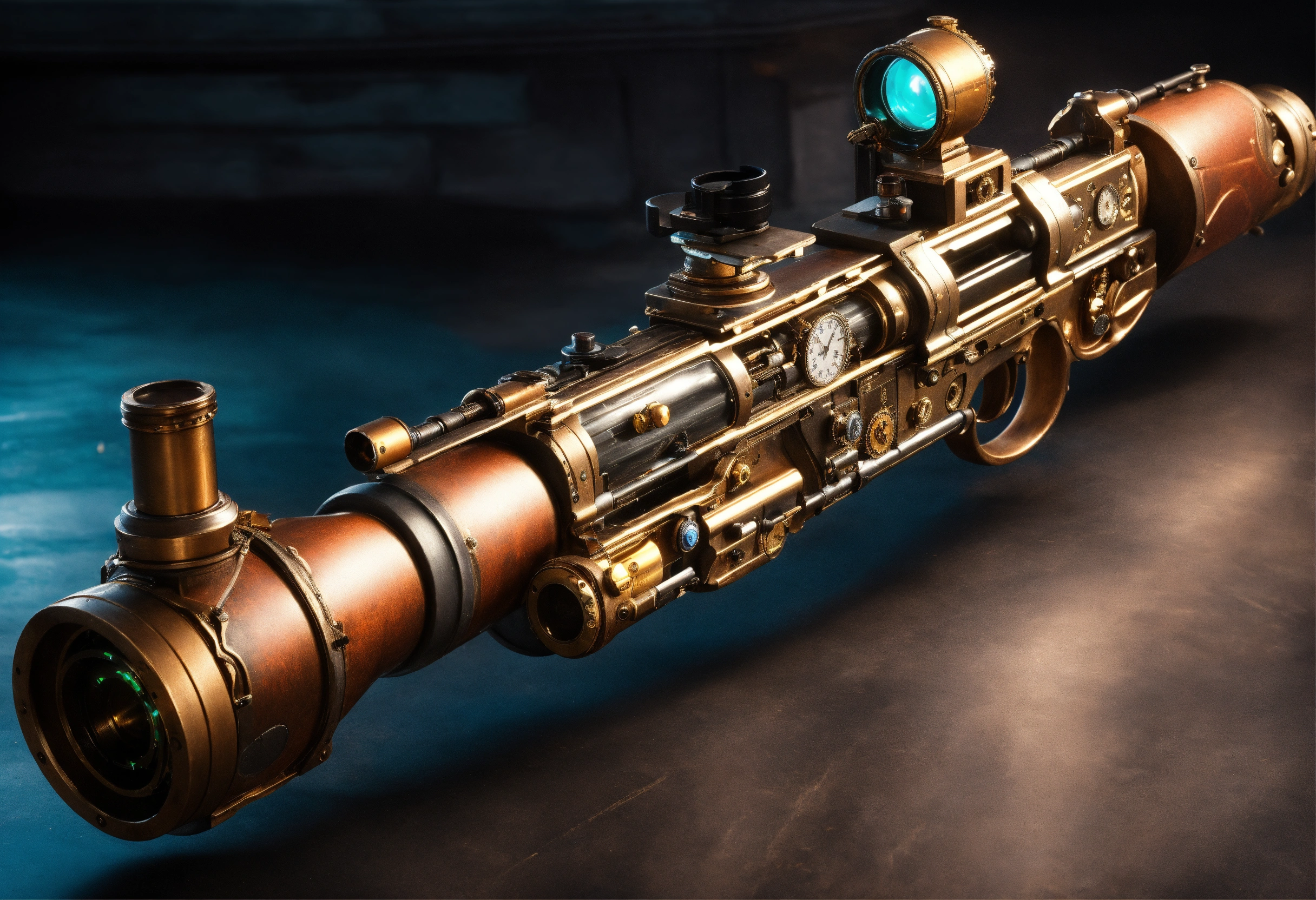 Lexica - Side view of the full image of a steampunk energy rifle
