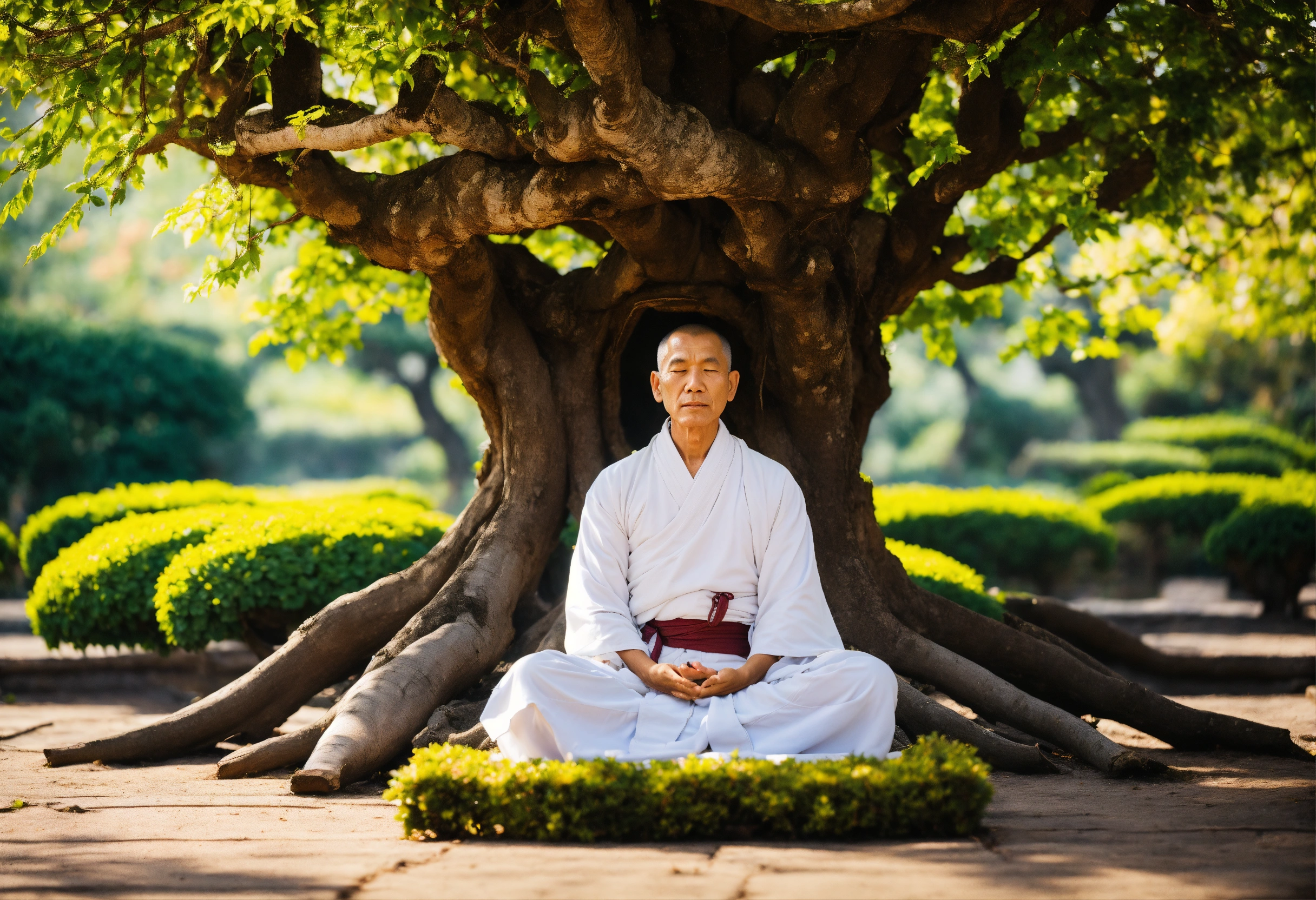 Lexica - Wise monk wearing white clothes sitting in meditation under a ...