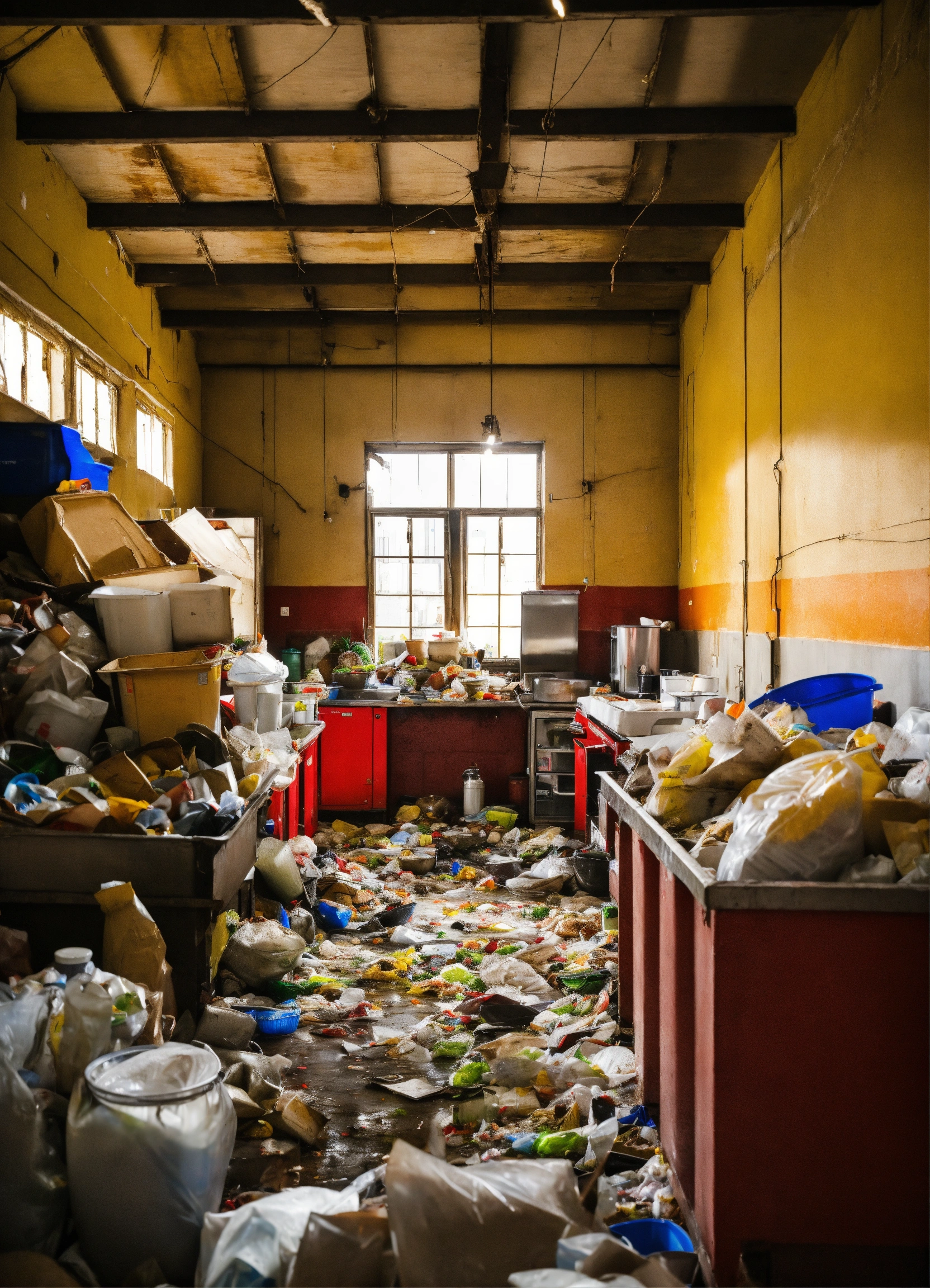 Lexica - Messy warehouse trash piles dirty kitchen