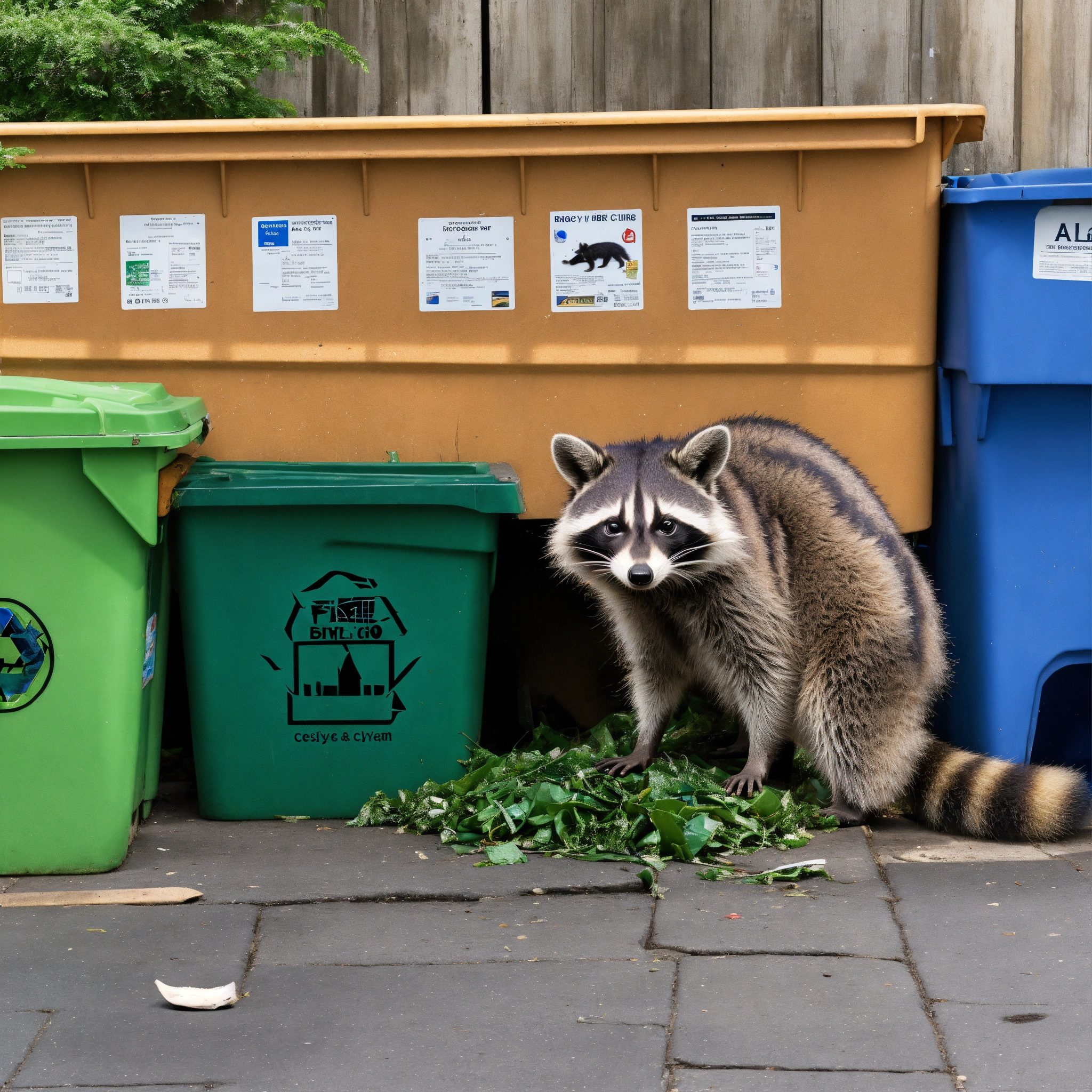 Lexica A photograph of a raccoon digging through recycling bins with