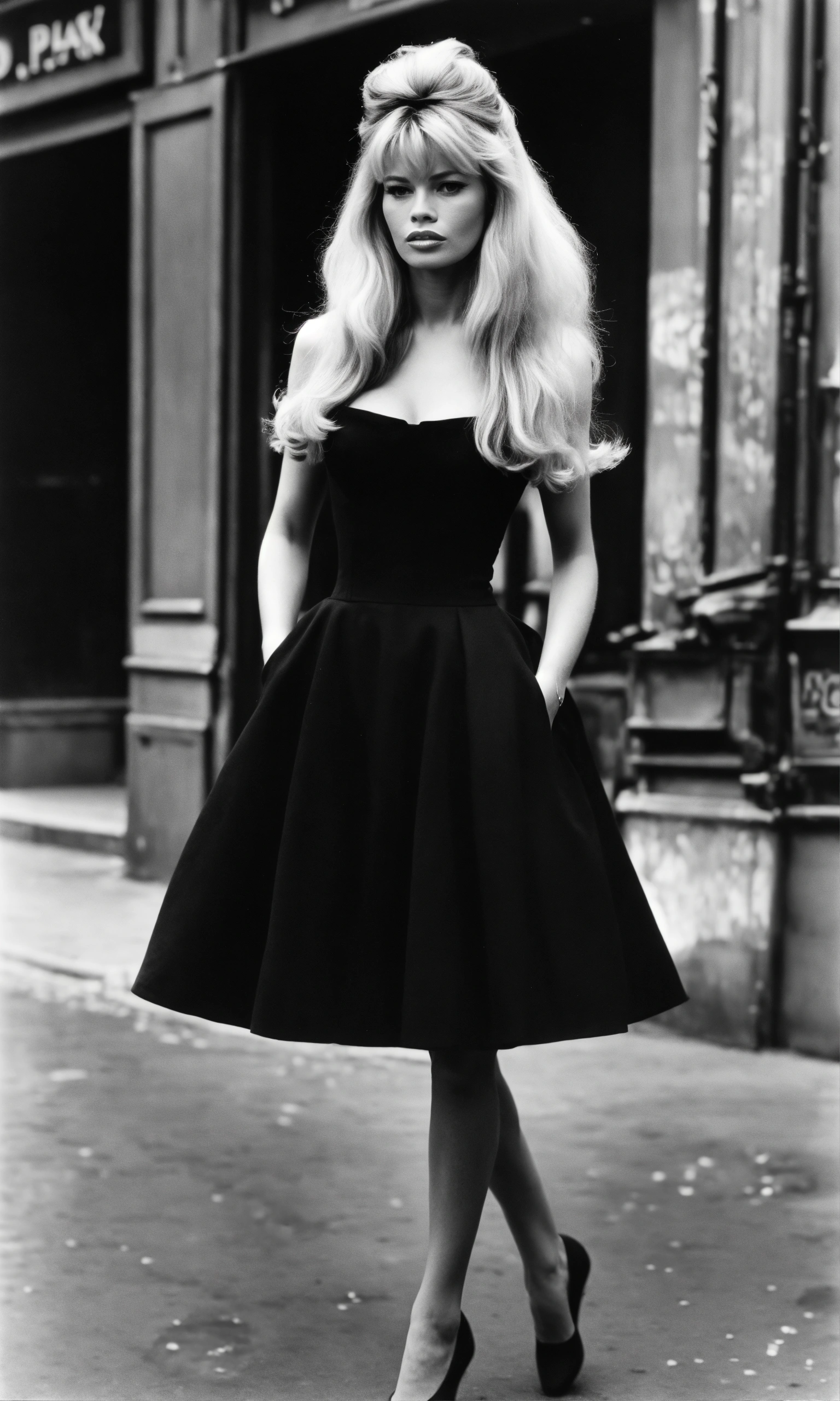 Lexica Brigitte Bardot body plan face view black dress paris 1960 realistic black and white photography style