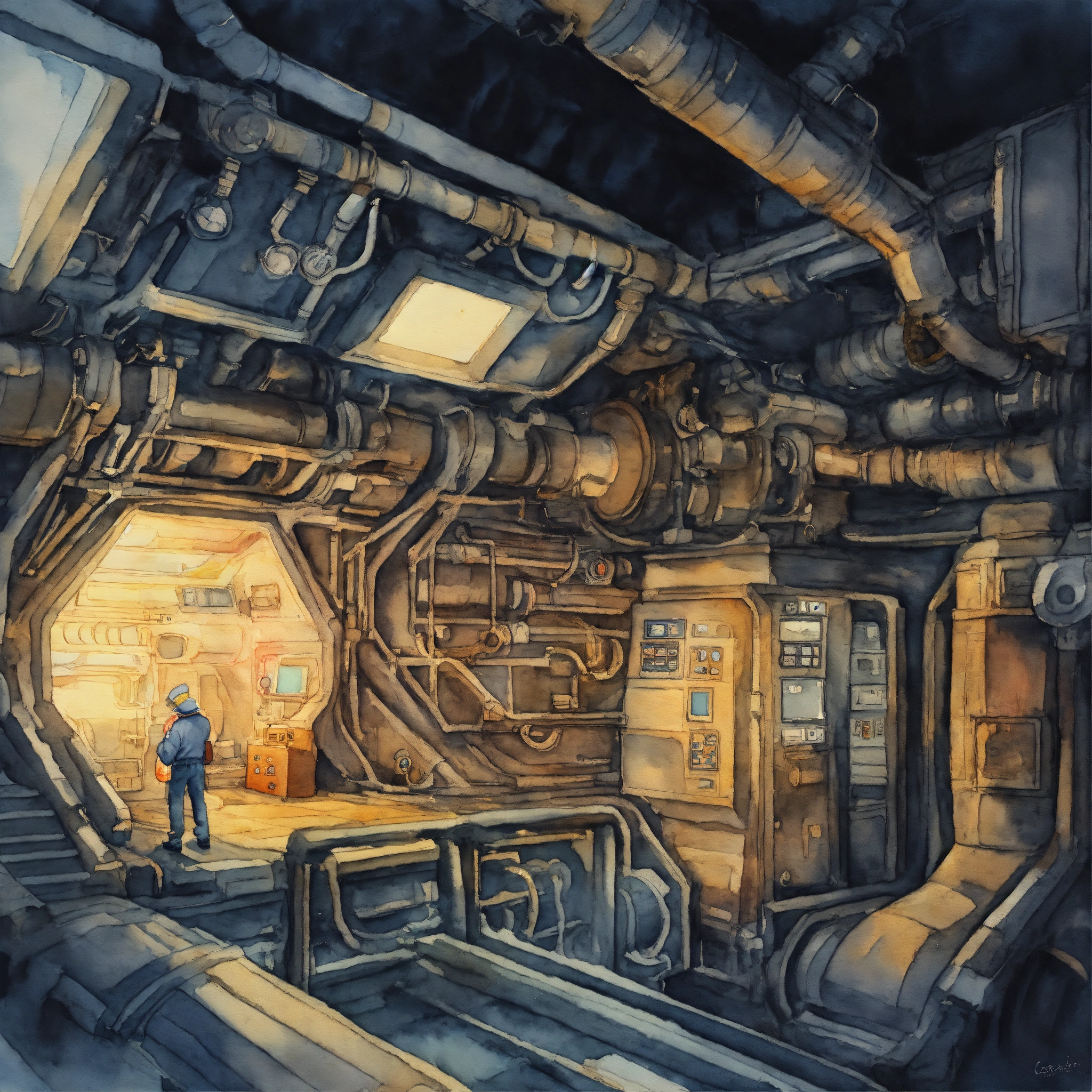 Lexica - Deep inside the dark engine rooms of a spaceship, watercolor ...