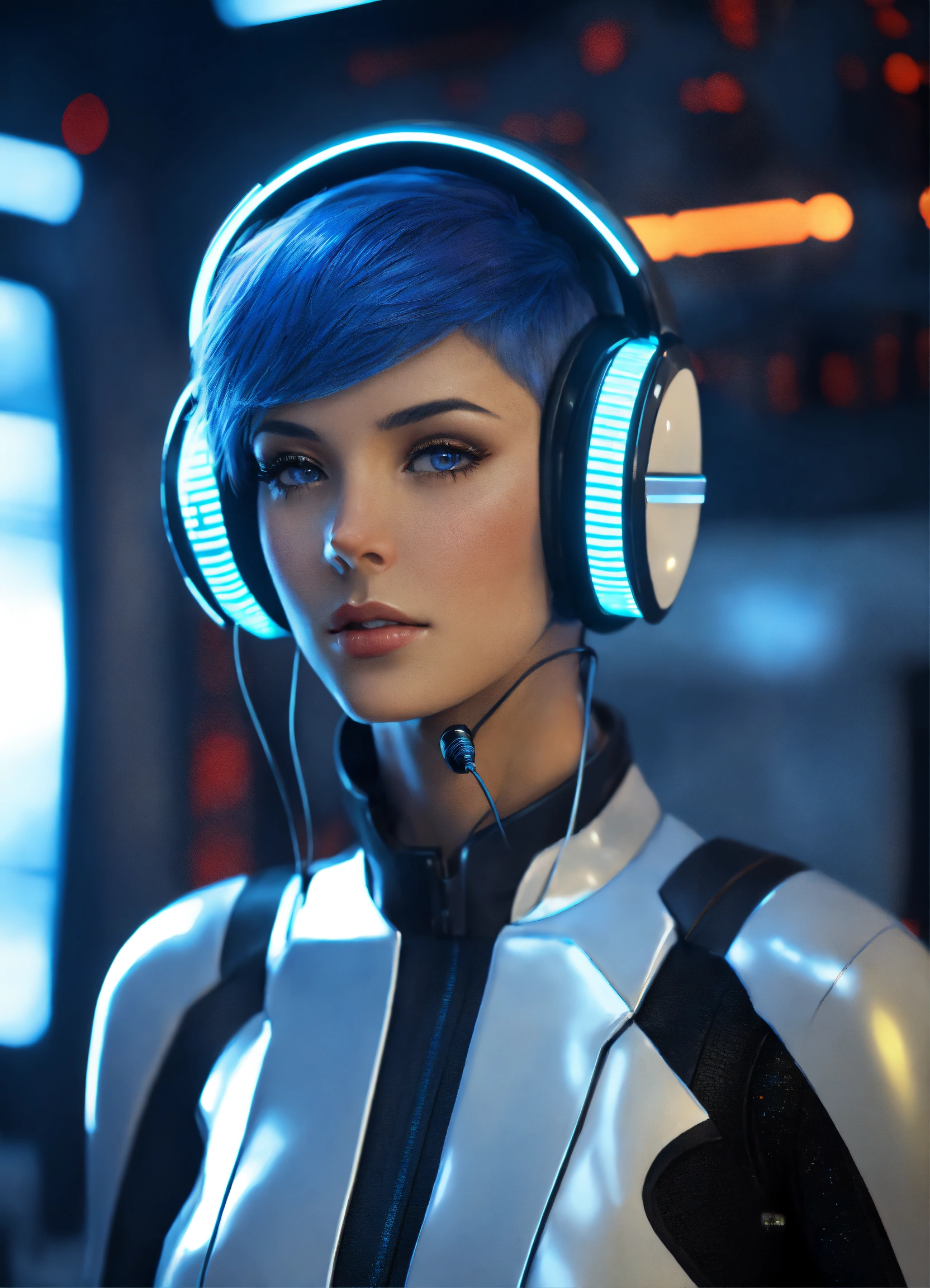 Lexica - Zoom out of a beautiful girl with short blue hair wearing a ...