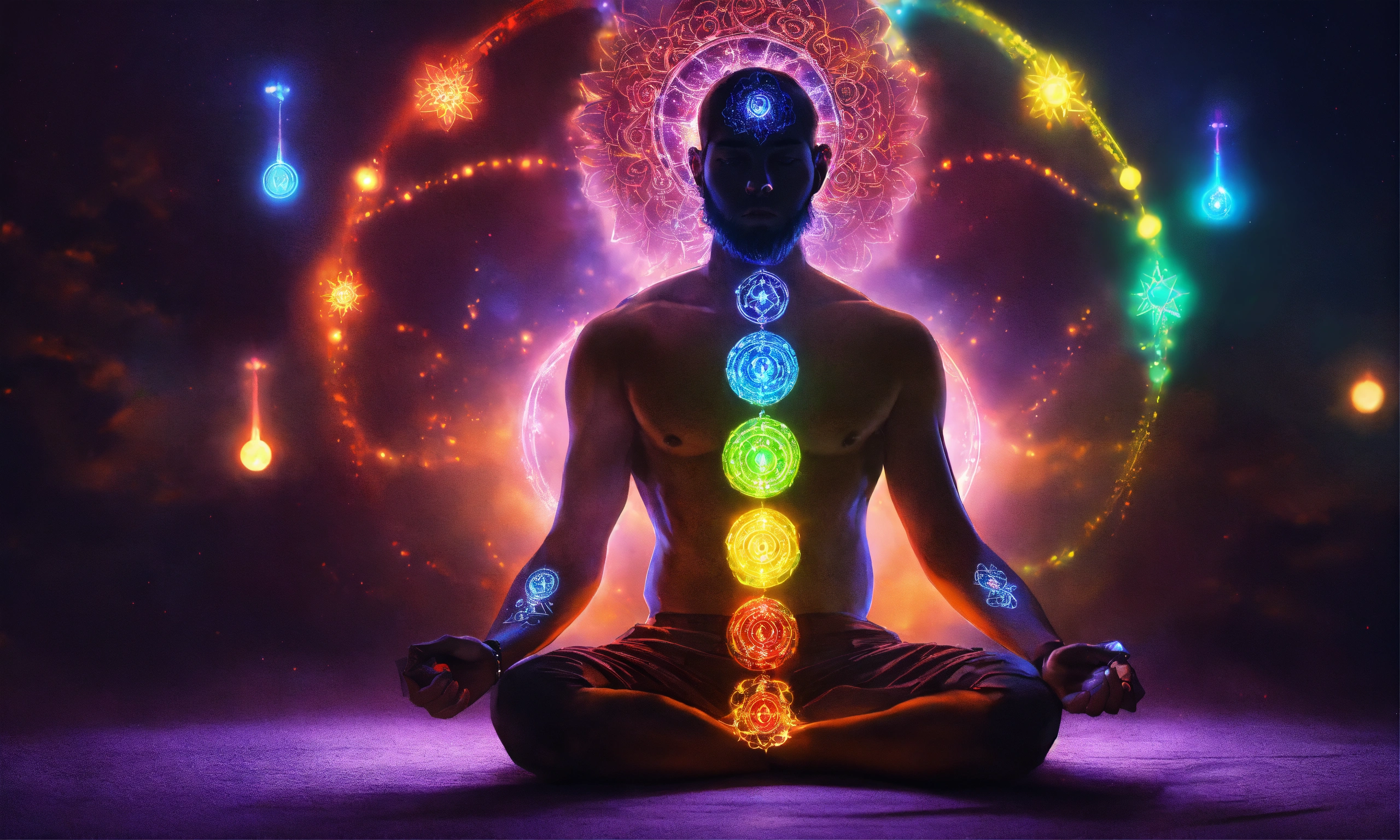 Lexica - Man sitting, chakras lit up, 4k, high resolution, photo quality