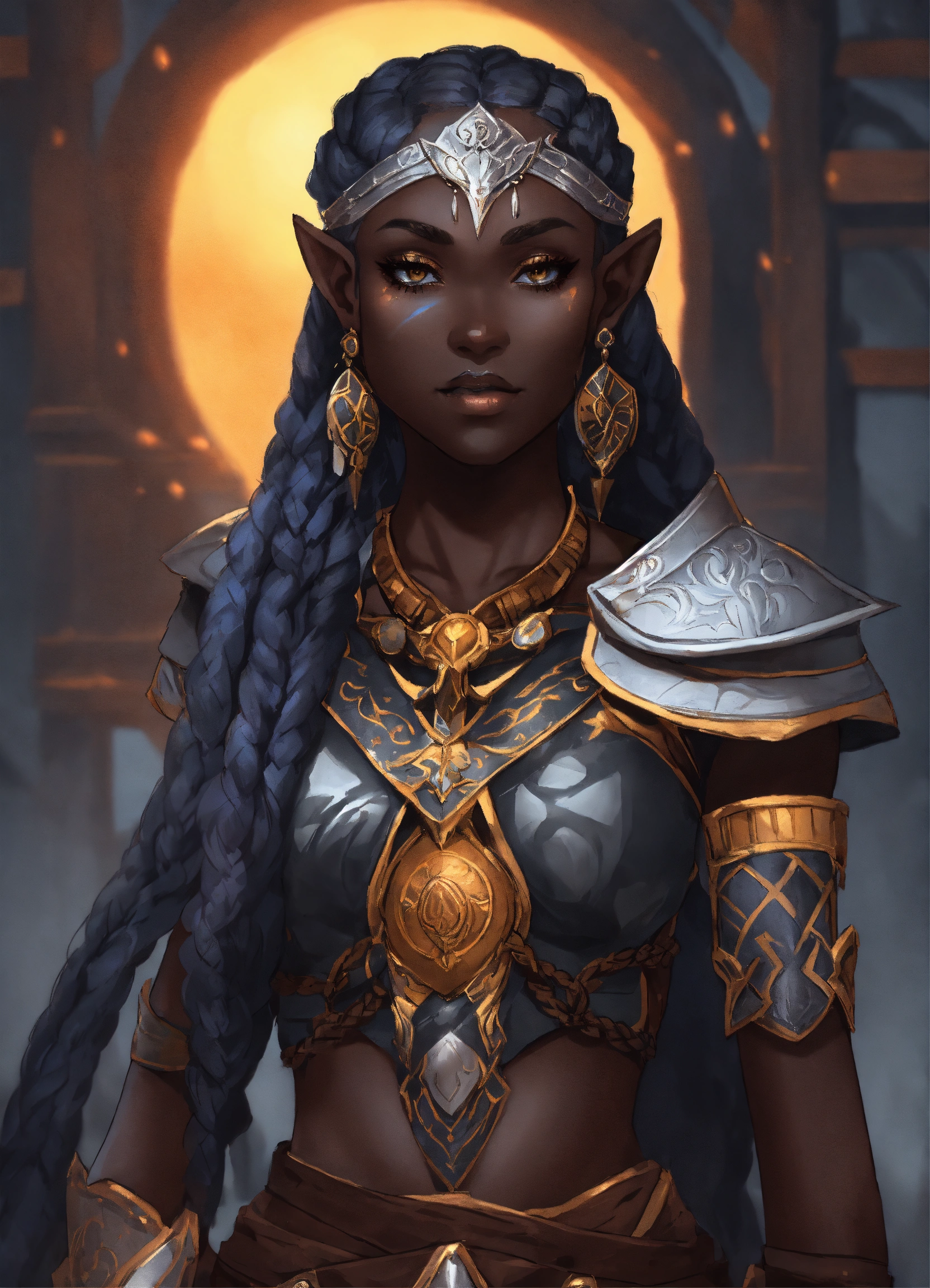 Lexica - A beautiful drow woman in sun themed armor. she has braids and ...